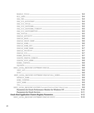 MSHELP_TOOLS .....................................................................................................................                 9-4
              NLS_LANG ...............................................................................................................................           9-4
              ORA_CWD ............................................................................................................................... ..         9-4
              ORA_SID_AUTOSTART .........................................................................................................                        9-4
              ORA_SID_PFILE ...................................................................................................................                  9-5
              ORA_SID_SHUTDOWN............................................................................................................                       9-5
              ORA_SID_SHUTDOWN_TIMEOUT ........................................................................................                                  9-5
              ORA_SID_SHUTDOWNTYPE ..................................................................................................                            9-5
              ORA_TZFILE ..........................................................................................................................              9-5
              ORACLE_AFFINITY ..............................................................................................................                     9-6
              ORACLE_BASE........................................................................................................................                9-6
              ORACLE_GROUP_NAME .........................................................................................................                        9-6
              ORACLE_HOME........................................................................................................................                9-6
              ORACLE_HOME_KEY ..............................................................................................................                     9-7
              ORACLE_HOME_NAME............................................................................................................                       9-7
              ORACLE_PRIORITY ..............................................................................................................                     9-7
              ORACLE_SID ..........................................................................................................................              9-7
              RDBMS_ARCHIVE ...................................................................................................................                  9-7
              OSAUTH_PREFIX_DOMAIN ..................................................................................................                            9-8
              OSAUTH_X509_NAME............................................................................................................                       9-8
              RDBMS_CONTROL ...................................................................................................................                  9-8
              SQLPATH ............................................................................................................................... ..         9-8
          HKEY_LOCAL_MACHINESOFTWAREORACLE........................................................................                                             9-8
              INST_LOC ...............................................................................................................................           9-8
              OO4O ............................................................................................................................... .........     9-8
           HKEY_LOCAL_MACHINESOFTWAREORACLEALL_HOMES...............................................                                                           9-9
              DEFAULT_HOME .....................................................................................................................                 9-9
              HOME_COUNTER .....................................................................................................................                 9-9
              LAST_HOME ............................................................................................................................             9-9
              IDx............................................................................................................................... ............    9-9
          HKEY_LOCAL_MACHINESYSTEMCurrentControlSetServices ............................                                                                      9-9
              Parameters for Oracle Performance Monitor for Windows NT ...................................                                                      9-10
              Parameters for Oracle Services ..........................................................................................                         9-11
       Oracle Real Application Clusters Registry Parameters.............................................................                                        9-12
          HKEY_LOCAL_MACHINESOFTWAREORACLEOSD9I .......................................................                                                      9-12




viii
 
