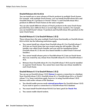 Multiple Oracle Homes Overview



                   Oracle8 Releases 8.0.4 to 8.0.6
                   You can install one or more releases of Oracle products in multiple Oracle homes.
                   For example, with multiple Oracle homes, you can install Oracle8 release 8.0.x and
                   Oracle8i release 8.1.3 products or Oracle7 release 7.x and Oracle8 release 8.0.x
                   products in different Oracle homes on the same computer.
                   You can also install different releases of Oracle products in the same Oracle home
                   provided they have different first or second-digit release numbers. For example,
                   you can install Oracle7 release 7.2 products and Oracle8 release 8.0.x products in the
                   same Oracle home.

                   Oracle8i Release 8.1.3 to Oracle9i Release 2 (9.2)
                   These releases have the same multiple Oracle home functionality as Oracle8 releases
                   8.0.4 to 8.0.6, but the following restrictions apply:
                   s    You cannot install any release from Oracle8i release 8.1.3 to Oracle9i release 2
                        (9.2) into an Oracle home that was created using the old installer. (The old
                        installer was called Oracle Installer and was used for installations before
                        Oracle8i release 8.1.3; the new Java-based installer is called Oracle Universal
                        Installer.)
                   s    You cannot install releases prior to Oracle8i release 8.1.3 into an Oracle home
                        that was created by any release from Oracle8i release 8.1.3 to Oracle9i release 2
                        (9.2).
                   s    Releases from Oracle8i release 8.1.3 to Oracle9i release 2 (9.2) must be installed
                        in separate Oracle homes. You cannot have more than one release installed in
                        each Oracle home.

                   Oracle8i Release 8.1.5 to Oracle9i Release 2 (9.2)
                   You can use an Oracle9i release 2 (9.2) listener to spawn a connection to a database
                   from Oracle9i release 2 (9.2), Oracle8i release 8.1.x, Oracle8 release 8.0.x, or Oracle7
                   release 7.3.x. Some restrictions apply, however, in using Oracle9i release 2 (9.2)
                   listeners with earlier releases of the database:
                   s    You should enable process mode external procedures for Oracle9i release 2 (9.2)
                        if you want to spawn a connection to a Oracle8 release 8.0.3 database.
                   s    You must install Oracle8 release 8.0.4.0.3 (or later) patch for Oracle Net.
                   s    You cannot enable shared sockets.




6-4   Oracle9i Database Getting Started
 
