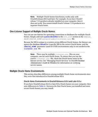 Multiple Oracle Homes Overview




                      Note: Multiple Oracle homes functionary works only with
                      Oracle8 releases 8.0.4 and later. For example, if you have Oracle7
                      release 7.3.3 products already installed on your computer, then it
                      does not work. You cannot install Oracle7 release 7.3.4 products in a
                      separate Oracle home.


One-Listener Support of Multiple Oracle Homes
              You can use one listener for spawning connections to databases for multiple Oracle
              homes. Simply add each system identifier to the SID_LIST section in the ORACLE_
              BASEORACLE_HOMEnetworkadminlistener.ora file.
              Because the SID is unique to a system across different Oracle homes, the listener can
              spawn the database thread for a specific SID in the correct Oracle home, and the
              ORACLE_HOME parameter (used in UNIX environments only) is not needed in the
              listener.ora file.


                      Note: There may be multiple listener.ora files on your
                      computer, one for each Oracle home. To ensure that you use the
                      correct listener.ora file, check the Oracle home name in the
                      listener service. See "Managing Oracle Services" in Oracle9i Database
                      Administrator’s Guide for Windows for information on verifying
                      service names.


Multiple Oracle Home Environments
              This section describes differences among multiple Oracle home environments since
              they were first introduced in Oracle8 release 8.0.4.

              Oracle Home Environments in Oracle8 Releases 8.0.4 and Later 8.0.x
              If you have Oracle8 release 8.0.4 or later 8.0.x Oracle homes on your computer, then
              note differences in Table 6–1 between the first Oracle home you installed and more
              recent Oracle homes you may install.




                                          Multiple Oracle Homes and Optimal Flexible Architecture 6-5
 