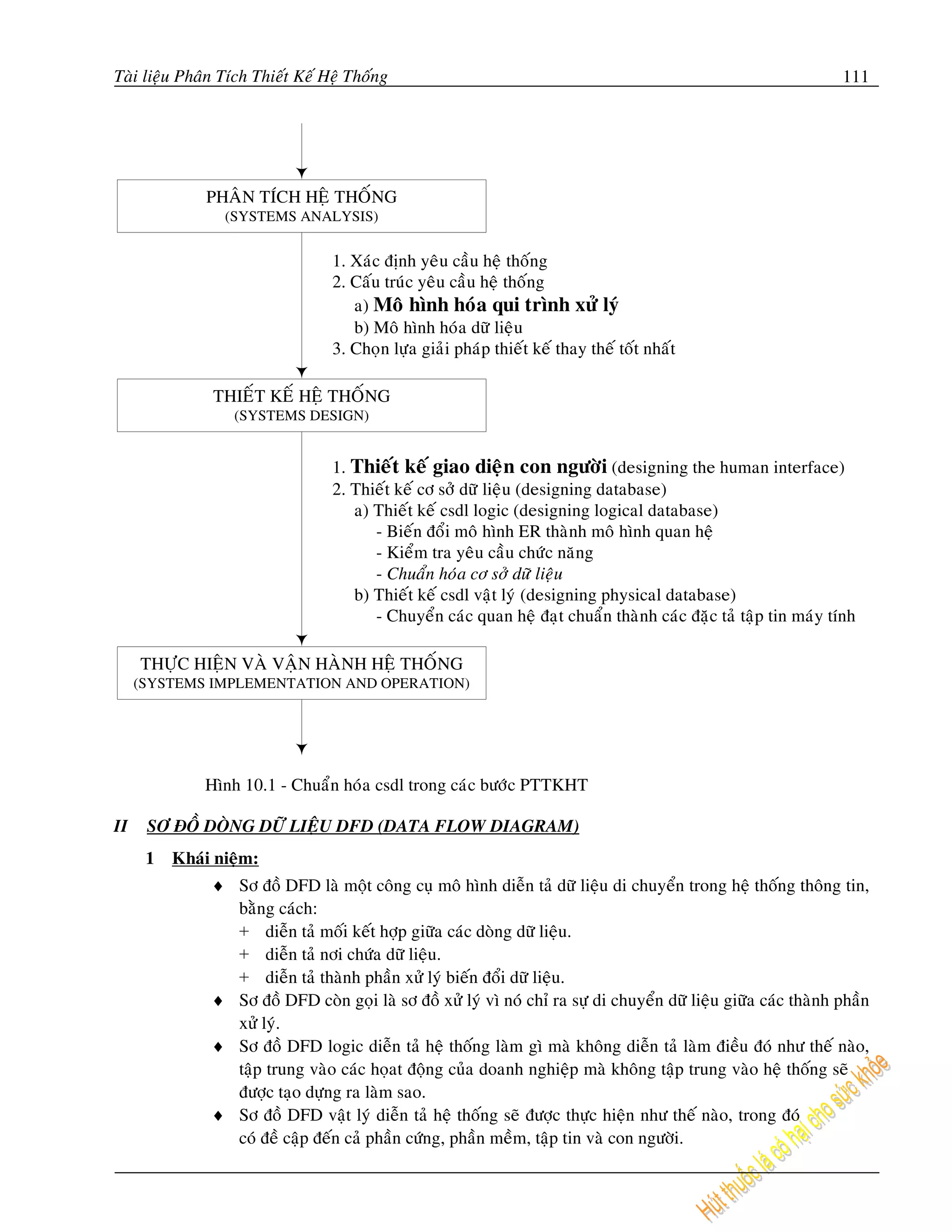 Taøi lieäu Phaân Tích Thieát Keá Heä Thoáng                                                                        111




              PHAÂ N TÍCH HEÄ THOÁ NG
                 (SYSTEMS ANALYSIS)


                                  1. Xaùc ñònh yeâ u caàu heä thoáng
                                  2. Caáu truù c yeâu caà u heä thoá ng
                                     a) Moâ hình hoù a qui trình xöû lyù
                                     b) Moâ hình hoù a döõ lieä u
                                  3. Choïn löï a giaûi phaùp thieá t keá thay theá toát nhaá t

               THIEÁ T KEÁ HEÄ THOÁ NG
                  (SYSTEMS DESIGN)


                                  1. Thieá t keá giao dieä n con ngöôø i (designing the human interface)
                                  2. Thieá t keá cô sôû döõ lieä u (designing database)
                                     a) Thieá t keá csdl logic (designing logical database)
                                        - Bieá n ñoåi moâ hình ER thaønh moâ hình quan heä
                                        - Kieåm tra yeâu caà u chöù c naêng
                                        - Chuaån hoù a cô sôû döõ lieäu
                                     b) Thieá t keá csdl vaät lyù (designing physical database)
                                        - Chuyeån caùc quan heä ñaï t chuaån thaø nh caùc ñaë c taû taäp tin maùy tính

     THÖÏC HIEÄN VAØ VAÄN HAØNH HEÄ THOÁ NG
     (SYSTEMS IMPLEMENTATION AND OPERATION)




              Hình 10.1 - Chuaå n hoù a csdl trong caù c böôù c PTTKHT

II    SÔ ÑOÀ DOØNG DÖÕ LIEÄU DFD (DATA FLOW DIAGRAM)
      1   Khaùi nieäm:
               ♦ Sô ñoà DFD laø moät coâng cuï moâ hình dieãn taû döõ lieäu di chuyeån trong heä thoáng thoâng tin,
                 baèng caùch:
                 + dieãn taû moái keát hôïp giöõa caùc doøng döõ lieäu.
                 + dieãn taû nôi chöùa döõ lieäu.
                 + dieãn taû thaønh phaàn xöû lyù bieán ñoåi döõ lieäu.
               ♦ Sô ñoà DFD coøn goïi laø sô ñoà xöû lyù vì noù chæ ra söï di chuyeån döõ lieäu giöõa caùc thaønh phaàn
                 xöû lyù.
               ♦ Sô ñoà DFD logic dieãn taû heä thoáng laøm gì maø khoâng dieãn taû laøm ñieàu ñoù nhö theá naøo,
                 taäp trung vaøo caùc hoïat ñoäng cuûa doanh nghieäp maø khoâng taäp trung vaøo heä thoáng seõ
                 ñöôïc taïo döïng ra laøm sao.
               ♦ Sô ñoà DFD vaät lyù dieãn taû heä thoáng seõ ñöôïc thöïc hieän nhö theá naøo, trong ñoù
                 coù ñeà caäp ñeán caû phaàn cöùng, phaàn meàm, taäp tin vaø con ngöôøi.
 