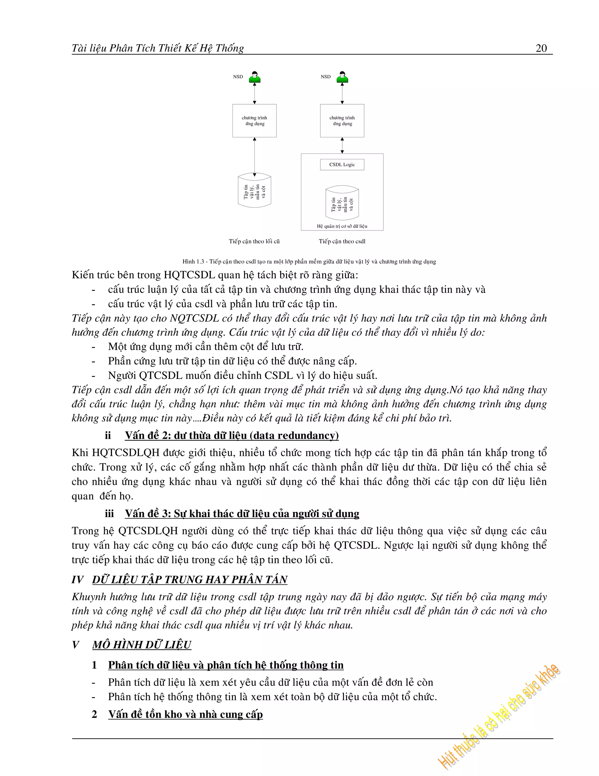 Taøi lieäu Phaân Tích Thieát Keá Heä Thoáng                                                                                                        20

                                                   NSD                                     NSD




                                                        chöông trình                            chöông trình
                                                          öù ng duïng                             öùng duïng




                                                                                                CSDL Logic




                                                                                         Heä quaûn trò cô sôû döõ lieäu


                                                  Tieáp caän theo loái cuõ                Tieáp caän theo csdl


                             Hình 1.3 - Tieá p caä n theo csdl taïo ra moät lôùp phaàn meàm giöõa döõ lieäu vaät lyù vaø chöông trình öùng duïng

Kieán truùc beân trong HQTCSDL quan heä taùch bieät roõ raøng giöõa:
     - caáu truùc luaän lyù cuûa taát caû taäp tin vaø chöông trình öùng duïng khai thaùc taäp tin naøy vaø
     - caáu truùc vaät lyù cuûa csdl vaø phaàn löu tröõ caùc taäp tin.
Tieáp caän naøy taïo cho NQTCSDL coù theå thay ñoåi caáu truùc vaät lyù hay nôi löu tröõ cuûa taäp tin maø khoâng aûnh
höôûng ñeán chöông trình öùng duïng. Caáu truùc vaät lyù cuûa döõ lieäu coù theå thay ñoåi vì nhieàu lyù do:
     - Moät öùng duïng môùi caàn theâm coät ñeå löu tröõ.
     - Phaàn cöùng löu tröõ taäp tin döõ lieäu coù theå ñöôïc naâng caáp.
     - Ngöôøi QTCSDL muoán ñieàu chænh CSDL vì lyù do hieäu suaát.
Tieáp caän csdl daãn ñeán moät soá lôïi ích quan troïng ñeå phaùt trieån vaø söû duïng öùng duïng.Noù taïo khaû naêng thay
ñoåi caáu truùc luaän lyù, chaúng haïn nhö: theâm vaøi muïc tin maø khoâng aûnh höôûng ñeán chöông trình öùng duïng
khoâng söû duïng muïc tin naøy….Ñieàu naøy coù keát quaû laø tieát kieäm ñaùng keå chi phí baûo trì.
         ii   Vaán ñeà 2: dö thöøa döõ lieäu (data redundancy)
Khi HQTCSDLQH ñöôïc giôùi thieäu, nhieàu toå chöùc mong tích hôïp caùc taäp tin ñaõ phaân taùn khaép trong toå
chöùc. Trong xöû lyù, caùc coá gaéng nhaèm hôïp nhaát caùc thaønh phaàn döõ lieäu dö thöøa. Döõ lieäu coù theå chia seû
cho nhieàu öùng duïng khaùc nhau vaø ngöôøi söû duïng coù theå khai thaùc ñoàng thôøi caùc taäp con döõ lieäu lieân
quan ñeán hoï.
         iii Vaán ñeà 3: Söï khai thaùc döõ lieäu cuûa ngöôøi söû duïng
Trong heä QTCSDLQH ngöôøi duøng coù theå tröïc tieáp khai thaùc döõ lieäu thoâng qua vieäc söû duïng caùc caâu
truy vaán hay caùc coâng cuï baùo caùo ñöôïc cung caáp bôûi heä QTCSDL. Ngöôïc laïi ngöôøi söû duïng khoâng theå
tröïc tieáp khai thaùc döõ lieäu trong caùc heä taäp tin theo loái cuõ.
IV DÖÕ LIEÄU TAÄP TRUNG HAY PHAÂN TAÙN
Khuynh höôùng löu tröõ döõ lieäu trong csdl taäp trung ngaøy nay ñaõ bò ñaûo ngöôïc. Söï tieán boä cuûa maïng maùy
tính vaø coâng ngheä veà csdl ñaõ cho pheùp döõ lieäu ñöôïc löu tröõ treân nhieàu csdl ñeå phaân taùn ôû caùc nôi vaø cho
pheùp khaû naêng khai thaùc csdl qua nhieàu vò trí vaät lyù khaùc nhau.
V    MOÂ HÌNH DÖÕ LIEÄU
     1    Phaân tích döõ lieäu vaø phaân tích heä thoáng thoâng tin
     -    Phaân tích döõ lieäu laø xem xeùt yeâu caàu döõ lieäu cuûa moät vaán ñeà ñôn leû coøn
     -    Phaân tích heä thoáng thoâng tin laø xem xeùt toaøn boä döõ lieäu cuûa moät toå chöùc.
     2    Vaán ñeà toàn kho vaø nhaø cung caáp
 