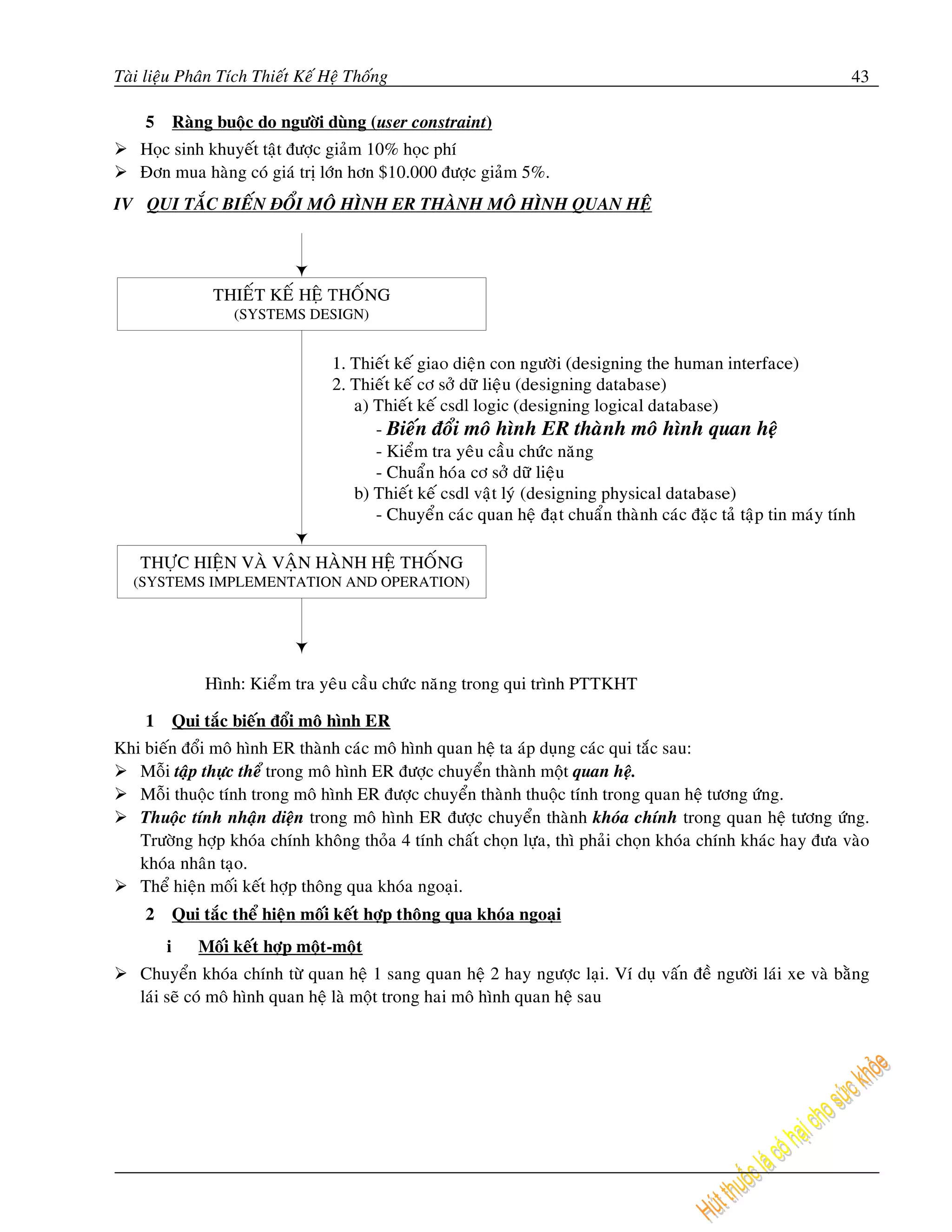 Taøi lieäu Phaân Tích Thieát Keá Heä Thoáng                                                                  43

    5       Raøng buoäc do ngöôøi duøng (user constraint)
    Hoïc sinh khuyeát taät ñöôïc giaûm 10% hoïc phí
    Ñôn mua haøng coù giaù trò lôùn hôn $10.000 ñöôïc giaûm 5%.
IV QUI TAÉC BIEÁN ÑOÅI MOÂ HÌNH ER THAØNH MOÂ HÌNH QUAN HEÄ




    1       Qui taéc bieán ñoåi moâ hình ER
Khi bieán ñoåi moâ hình ER thaønh caùc moâ hình quan heä ta aùp duïng caùc qui taéc sau:
   Moãi taäp thöïc theå trong moâ hình ER ñöôïc chuyeån thaønh moät quan heä.
   Moãi thuoäc tính trong moâ hình ER ñöôïc chuyeån thaønh thuoäc tính trong quan heä töông öùng.
   Thuoäc tính nhaän dieän trong moâ hình ER ñöôïc chuyeån thaønh khoùa chính trong quan heä töông öùng.
   Tröôøng hôïp khoùa chính khoâng thoûa 4 tính chaát choïn löïa, thì phaûi choïn khoùa chính khaùc hay ñöa vaøo
   khoùa nhaân taïo.
   Theå hieän moái keát hôïp thoâng qua khoùa ngoaïi.
    2       Qui taéc theå hieän moái keát hôïp thoâng qua khoùa ngoaïi
        i      Moái keát hôïp moät-moät
    Chuyeån khoùa chính töø quan heä 1 sang quan heä 2 hay ngöôïc laïi. Ví duï vaán ñeà ngöôøi laùi xe vaø baèng
    laùi seõ coù moâ hình quan heä laø moät trong hai moâ hình quan heä sau
 