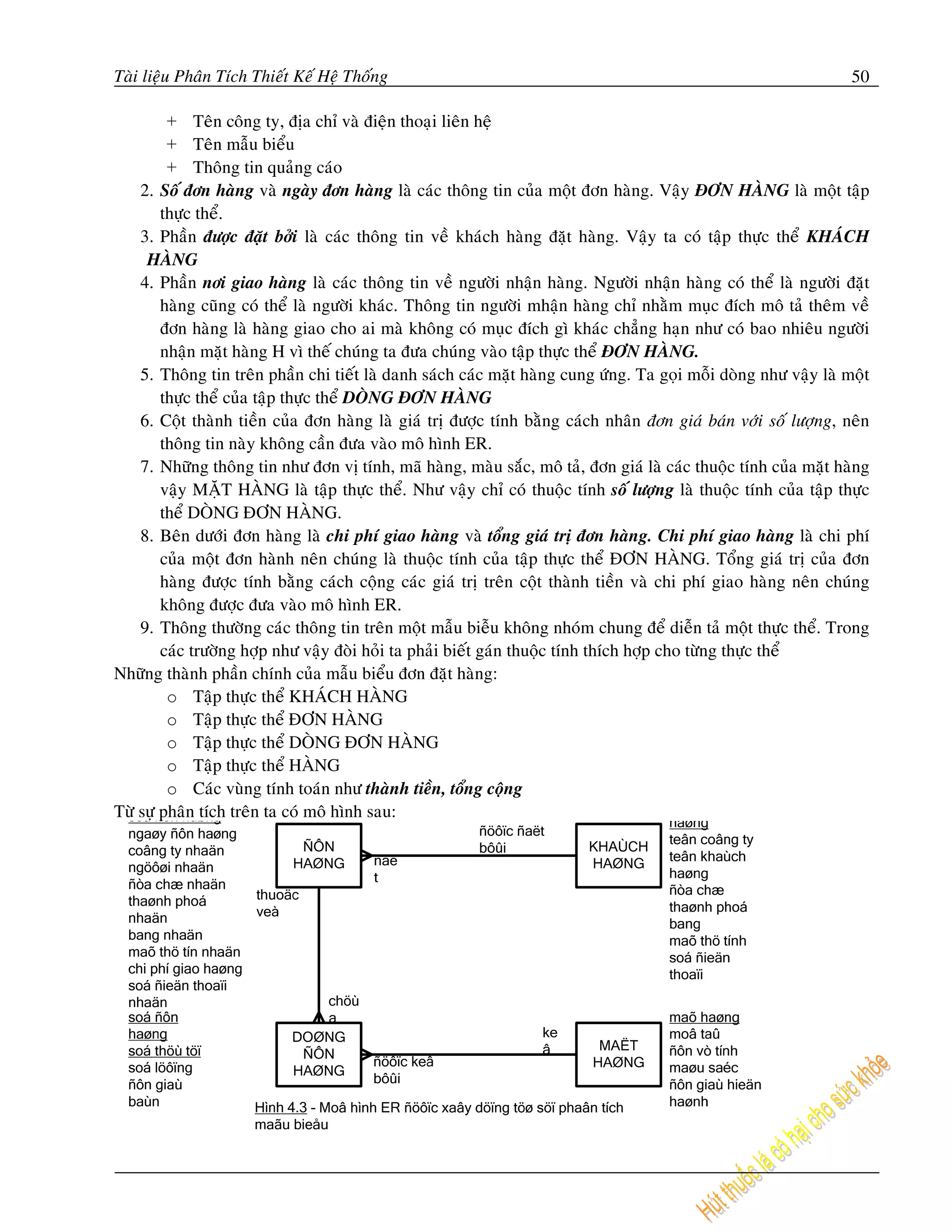 Taøi lieäu Phaân Tích Thieát Keá Heä Thoáng                                                                        50

         + Teân coâng ty, ñòa chæ vaø ñieän thoaïi lieân heä
         + Teân maãu bieåu
         + Thoâng tin quaûng caùo
    2. Soá ñôn haøng vaø ngaøy ñôn haøng laø caùc thoâng tin cuûa moät ñôn haøng. Vaäy ÑÔN HAØNG laø moät taäp
        thöïc theå.
    3. Phaàn ñöôïc ñaët bôûi laø caùc thoâng tin veà khaùch haøng ñaët haøng. Vaäy ta coù taäp thöïc theå KHAÙCH
     HAØNG
    4. Phaàn nôi giao haøng laø caùc thoâng tin veà ngöôøi nhaän haøng. Ngöôøi nhaän haøng coù theå laø ngöôøi ñaët
        haøng cuõng coù theå laø ngöôøi khaùc. Thoâng tin ngöôøi mhaän haøng chæ nhaèm muïc ñích moâ taû theâm veà
        ñôn haøng laø haøng giao cho ai maø khoâng coù muïc ñích gì khaùc chaúng haïn nhö coù bao nhieâu ngöôøi
        nhaän maët haøng H vì theá chuùng ta ñöa chuùng vaøo taäp thöïc theå ÑÔN HAØNG.
    5. Thoâng tin treân phaàn chi tieát laø danh saùch caùc maët haøng cung öùng. Ta goïi moãi doøng nhö vaäy laø moät
        thöïc theå cuûa taäp thöïc theå DOØNG ÑÔN HAØNG
    6. Coät thaønh tieàn cuûa ñôn haøng laø giaù trò ñöôïc tính baèng caùch nhaân ñôn giaù baùn vôùi soá löôïng, neân
        thoâng tin naøy khoâng caàn ñöa vaøo moâ hình ER.
    7. Nhöõng thoâng tin nhö ñôn vò tính, maõ haøng, maøu saéc, moâ taû, ñôn giaù laø caùc thuoäc tính cuûa maët haøng
        vaäy MAËT HAØNG laø taäp thöïc theå. Nhö vaäy chæ coù thuoäc tính soá löôïng laø thuoäc tính cuûa taäp thöïc
        theå DOØNG ÑÔN HAØNG.
    8. Beân döôùi ñôn haøng laø chi phí giao haøng vaø toång giaù trò ñôn haøng. Chi phí giao haøng laø chi phí
        cuûa moät ñôn haønh neân chuùng laø thuoäc tính cuûa taäp thöïc theå ÑÔN HAØNG. Toång giaù trò cuûa ñôn
        haøng ñöôïc tính baèng caùch coäng caùc giaù trò treân coät thaønh tieàn vaø chi phí giao haøng neân chuùng
        khoâng ñöôïc ñöa vaøo moâ hình ER.
    9. Thoâng thöôøng caùc thoâng tin treân moät maãu bieãu khoâng nhoùm chung ñeå dieãn taû moät thöïc theå. Trong
        caùc tröôøng hôïp nhö vaäy ñoøi hoûi ta phaûi bieát gaùn thuoäc tính thích hôïp cho töøng thöïc theå
Nhöõng thaønh phaàn chính cuûa maãu bieåu ñôn ñaët haøng:
         o Taäp thöïc theå KHAÙCH HAØNG
         o Taäp thöïc theå ÑÔN HAØNG
         o Taäp thöïc theå DOØNG ÑÔN HAØNG
         o Taäp thöïc theå HAØNG
         o Caùc vuøng tính toaùn nhö thaønh tieàn, toång coäng
Töø söï phaân tích treân ta coù moâ hình sau:
 
