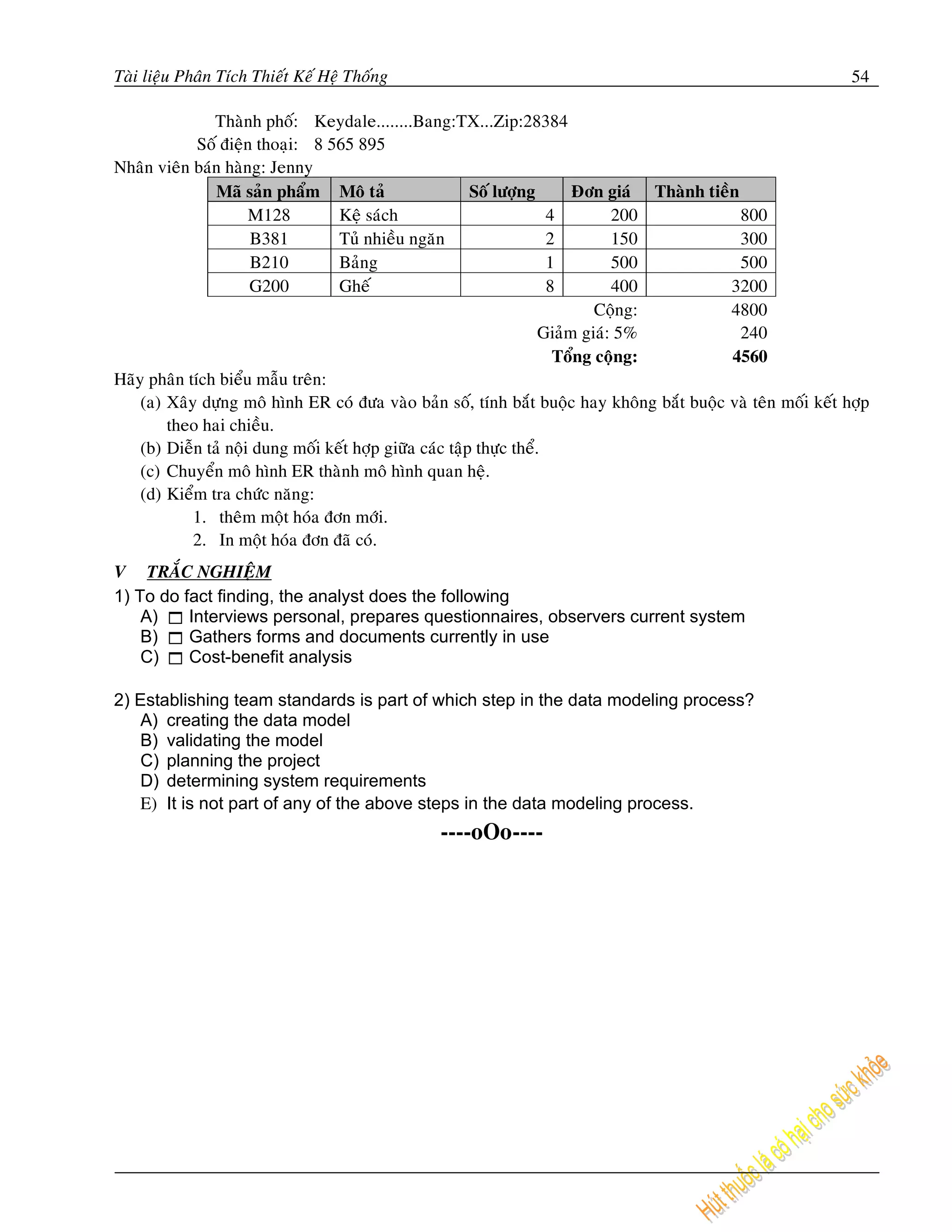 Taøi lieäu Phaân Tích Thieát Keá Heä Thoáng                                                                     54

               Thaønh phoá: Keydale........Bang:TX...Zip:28384
             Soá ñieän thoaïi: 8 565 895
Nhaân vieân baùn haøng: Jenny
                Maõ saûn phaåm Moâ taû                    Soá löôïng       Ñôn giaù Thaønh tieàn
                      M128         Keä saùch                           4         200             800
                      B381         Tuû nhieàu ngaên                    2         150             300
                      B210         Baûng                               1         500             500
                      G200         Gheá                                8         400           3200
                                                                              Coäng:           4800
                                                                      Giaûm giaù: 5%             240
                                                                        Toång coäng:           4560
Haõy phaân tích bieåu maãu treân:
    (a) Xaây döïng moâ hình ER coù ñöa vaøo baûn soá, tính baét buoäc hay khoâng baét buoäc vaø teân moái keát hôïp
        theo hai chieàu.
    (b) Dieãn taû noäi dung moái keát hôïp giöõa caùc taäp thöïc theå.
    (c) Chuyeån moâ hình ER thaønh moâ hình quan heä.
    (d) Kieåm tra chöùc naêng:
            1. theâm moät hoùa ñôn môùi.
            2. In moät hoùa ñôn ñaõ coù.
V TRAÉC NGHIEÄM
1) To do fact finding, the analyst does the following
    A)    Interviews personal, prepares questionnaires, observers current system
    B)    Gathers forms and documents currently in use
    C)    Cost-benefit analysis

2) Establishing team standards is part of which step in the data modeling process?
    A) creating the data model
    B) validating the model
    C) planning the project
    D) determining system requirements
    E) It is not part of any of the above steps in the data modeling process.
                                                 ----oOo----
 
