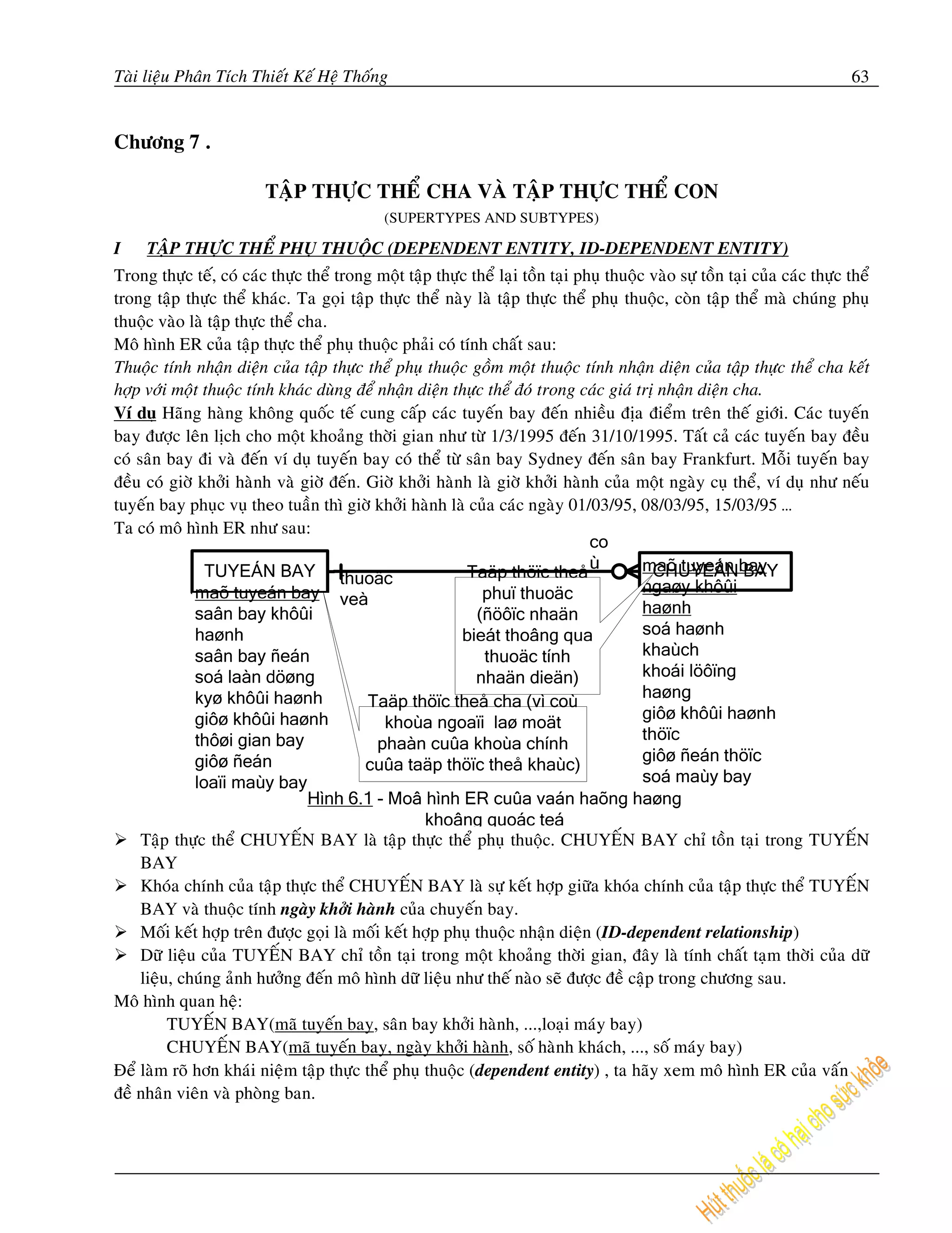 Taøi lieäu Phaân Tích Thieát Keá Heä Thoáng                                                                                   63


Chöông 7 .

                          TAÄP THÖÏC THEÅ CHA VAØ TAÄP THÖÏC THEÅ CON
                                              (SUPERTYPES AND SUBTYPES)

I    TAÄP THÖÏC THEÅ PHUÏ THUOÄC (DEPENDENT ENTITY, ID-DEPENDENT ENTITY)
Trong thöïc teá, coù caùc thöïc theå trong moät taäp thöïc theå laïi toàn taïi phuï thuoäc vaøo söï toàn taïi cuûa caùc thöïc theå
trong taäp thöïc theå khaùc. Ta goïi taäp thöïc theå naøy laø taäp thöïc theå phuï thuoäc, coøn taäp theå maø chuùng phuï
thuoäc vaøo laø taäp thöïc theå cha.
Moâ hình ER cuûa taäp thöïc theå phuï thuoäc phaûi coù tính chaát sau:
Thuoäc tính nhaän dieän cuûa taäp thöïc theå phuï thuoäc goàm moät thuoäc tính nhaän dieän cuûa taäp thöïc theå cha keát
hôïp vôùi moät thuoäc tính khaùc duøng ñeå nhaän dieän thöïc theå ñoù trong caùc giaù trò nhaän dieän cha.
Ví duï Haõng haøng khoâng quoác teá cung caáp caùc tuyeán bay ñeán nhieàu ñòa ñieåm treân theá giôùi. Caùc tuyeán
bay ñöôïc leân lòch cho moät khoaûng thôøi gian nhö töø 1/3/1995 ñeán 31/10/1995. Taát caû caùc tuyeán bay ñeàu
coù saân bay ñi vaø ñeán ví duï tuyeán bay coù theå töø saân bay Sydney ñeán saân bay Frankfurt. Moãi tuyeán bay
ñeàu coù giôø khôûi haønh vaø giôø ñeán. Giôø khôûi haønh laø giôø khôûi haønh cuûa moät ngaøy cuï theå, ví duï nhö neáu
tuyeán bay phuïc vuï theo tuaàn thì giôø khôûi haønh laø cuûa caùc ngaøy 01/03/95, 08/03/95, 15/03/95 …
Ta coù moâ hình ER nhö sau:




    Taäp thöïc theå CHUYEÁN BAY laø taäp thöïc theå phuï thuoäc. CHUYEÁN BAY chæ toàn taïi trong TUYEÁN
    BAY
    Khoùa chính cuûa taäp thöïc theå CHUYEÁN BAY laø söï keát hôïp giöõa khoùa chính cuûa taäp thöïc theå TUYEÁN
    BAY vaø thuoäc tính ngaøy khôûi haønh cuûa chuyeán bay.
    Moái keát hôïp treân ñöôïc goïi laø moái keát hôïp phuï thuoäc nhaän dieän (ID-dependent relationship)
    Döõ lieäu cuûa TUYEÁN BAY chæ toàn taïi trong moät khoaûng thôøi gian, ñaây laø tính chaát taïm thôøi cuûa döõ
    lieäu, chuùng aûnh höôûng ñeán moâ hình döõ lieäu nhö theá naøo seõ ñöôïc ñeà caäp trong chöông sau.
Moâ hình quan heä:
         TUYEÁN BAY(maõ tuyeán bay, saân bay khôûi haønh, ...,loaïi maùy bay)
         CHUYEÁN BAY(maõ tuyeán bay, ngaøy khôûi haønh, soá haønh khaùch, ..., soá maùy bay)
Ñeå laøm roõ hôn khaùi nieäm taäp thöïc theå phuï thuoäc (dependent entity) , ta haõy xem moâ hình ER cuûa vaán
ñeà nhaân vieân vaø phoøng ban.
 