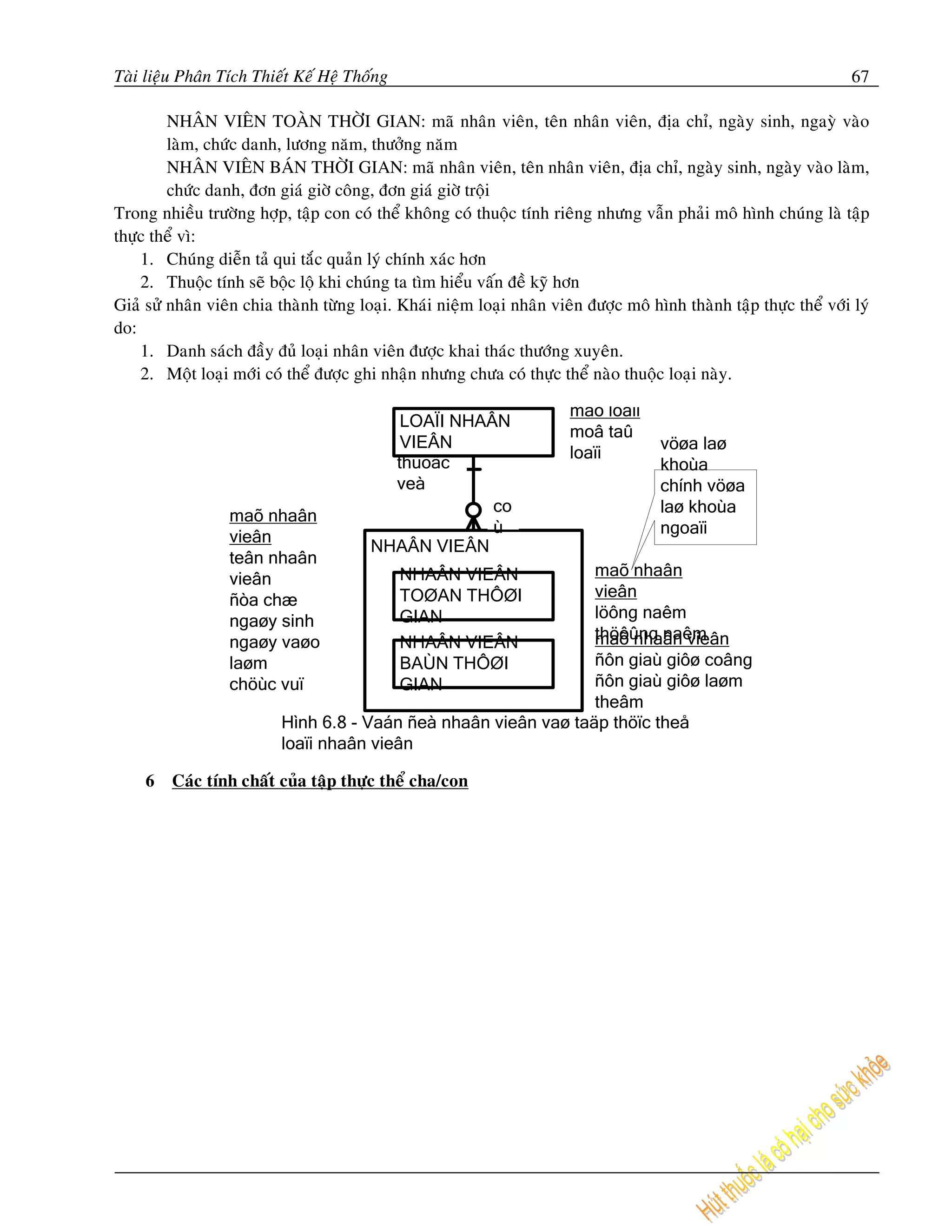 Taøi lieäu Phaân Tích Thieát Keá Heä Thoáng                                                                            67

         NHAÂN VIEÂN TOAØN THÔØI GIAN: maõ nhaân vieân, teân nhaân vieân, ñòa chæ, ngaøy sinh, ngayø vaøo
         laøm, chöùc danh, löông naêm, thöôûng naêm
         NHAÂN VIEÂN BAÙN THÔØI GIAN: maõ nhaân vieân, teân nhaân vieân, ñòa chæ, ngaøy sinh, ngaøy vaøo laøm,
         chöùc danh, ñôn giaù giôø coâng, ñôn giaù giôø troäi
Trong nhieàu tröôøng hôïp, taäp con coù theå khoâng coù thuoäc tính rieâng nhöng vaãn phaûi moâ hình chuùng laø taäp
thöïc theå vì:
    1. Chuùng dieãn taû qui taéc quaûn lyù chính xaùc hôn
    2. Thuoäc tính seõ boäc loä khi chuùng ta tìm hieåu vaán ñeà kyõ hôn
Giaû söû nhaân vieân chia thaønh töøng loaïi. Khaùi nieäm loaïi nhaân vieân ñöôïc moâ hình thaønh taäp thöïc theå vôùi lyù
do:
    1. Danh saùch ñaày ñuû loaïi nhaân vieân ñöôïc khai thaùc thöôùng xuyeân.
    2. Moät loaïi môùi coù theå ñöôïc ghi nhaän nhöng chöa coù thöïc theå naøo thuoäc loaïi naøy.

                                                                         maõ loaïi
                                            LOAÏI NHAÂN
                                                                         moâ taû
                                            VIEÂN                                       vöøa laø
                                                                         loaïi
                                           thuoäc                                       khoùa
                                           veà                                          chính vöøa
                                                      co                                laø khoùa
                  maõ nhaân
                                                      ù                                 ngoaïi
                  vieân
                                         NHAÂN VIEÂN
                  teân nhaân
                  vieân                       NHAÂN VIEÂN         maõ nhaân
                  ñòa chæ                     TOØAN THÔØI         vieân
                  ngaøy sinh                  GIAN                löông naêm
                  ngaøy vaøo                                      thöôûng naêm
                                                                  maõ nhaân vieân
                                              NHAÂN VIEÂN
                  laøm                        BAÙN THÔØI          ñôn giaù giôø coâng
                  chöùc vuï                   GIAN                ñôn giaù giôø laøm
                                                                  theâm
                           Hình 6.8 - Vaán ñeà nhaân vieân vaø taäp thöïc theå
                           loaïi nhaân vieân

     6   Caùc tính chaát cuûa taäp thöïc theå cha/con
 