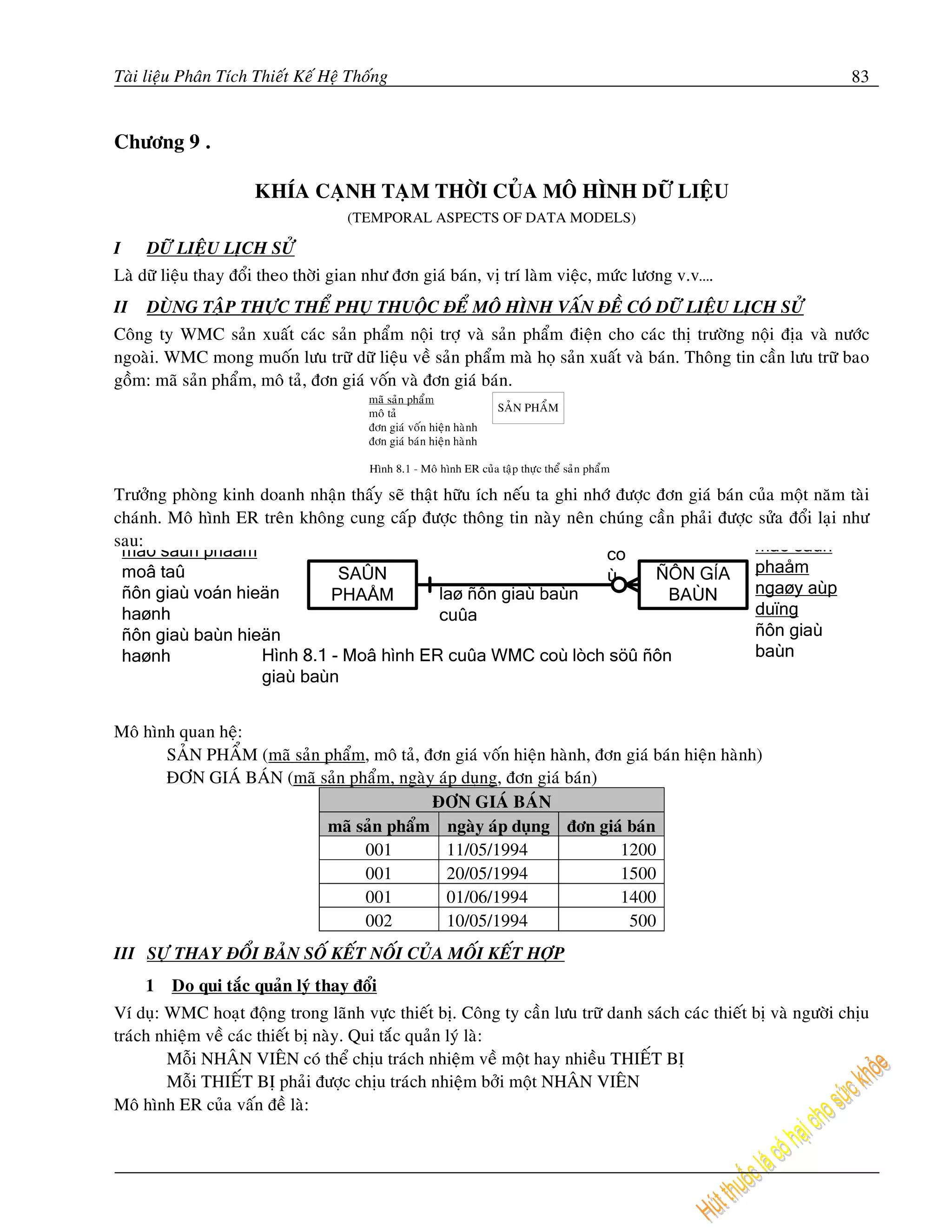 Taøi lieäu Phaân Tích Thieát Keá Heä Thoáng                                                                      83


Chöông 9 .

                      KHÍA CAÏNH TAÏM THÔØI CUÛA MOÂ HÌNH DÖÕ LIEÄU
                                    (TEMPORAL ASPECTS OF DATA MODELS)

I    DÖÕ LIEÄU LÒCH SÖÛ
Laø döõ lieäu thay ñoåi theo thôøi gian nhö ñôn giaù baùn, vò trí laøm vieäc, möùc löông v.v….
II   DUØNG TAÄP THÖÏC THEÅ PHUÏ THUOÄC ÑEÅ MOÂ HÌNH VAÁN ÑEÀ COÙ DÖÕ LIEÄU LÒCH SÖÛ
Coâng ty WMC saûn xuaát caùc saûn phaåm noäi trôï vaø saûn phaåm ñieän cho caùc thò tröôøng noäi ñòa vaø nöôùc
ngoaøi. WMC mong muoán löu tröõ döõ lieäu veà saûn phaåm maø hoï saûn xuaát vaø baùn. Thoâng tin caàn löu tröõ bao
goàm: maõ saûn phaåm, moâ taû, ñôn giaù voán vaø ñôn giaù baùn.




Tröôûng phoøng kinh doanh nhaän thaáy seõ thaät höõu ích neáu ta ghi nhôù ñöôïc ñôn giaù baùn cuûa moät naêm taøi
chaùnh. Moâ hình ER treân khoâng cung caáp ñöôïc thoâng tin naøy neân chuùng caàn phaûi ñöôïc söûa ñoåi laïi nhö
sau:




Moâ hình quan heä:
       SAÛN PHAÅM (maõ saûn phaåm, moâ taû, ñôn giaù voán hieän haønh, ñôn giaù baùn hieän haønh)
       ÑÔN GIAÙ BAÙN (maõ saûn phaåm, ngaøy aùp duïng, ñôn giaù baùn)
                                             ÑÔN GIAÙ BAÙN
                            maõ saûn phaåm ngaøy aùp duïng ñôn giaù baùn
                                 001           11/05/1994                 1200
                                 001           20/05/1994                 1500
                                 001           01/06/1994                 1400
                                 002           10/05/1994                  500
III SÖÏ THAY ÑOÅI BAÛN SOÁ KEÁT NOÁI CUÛA MOÁI KEÁT HÔÏP
     1   Do qui taéc quaûn lyù thay ñoåi
Ví duï: WMC hoaït ñoäng trong laõnh vöïc thieát bò. Coâng ty caàn löu tröõ danh saùch caùc thieát bò vaø ngöôøi chòu
traùch nhieäm veà caùc thieát bò naøy. Qui taéc quaûn lyù laø:
        Moãi NHAÂN VIEÂN coù theå chòu traùch nhieäm veà moät hay nhieàu THIEÁT BÒ
        Moãi THIEÁT BÒ phaûi ñöôïc chòu traùch nhieäm bôûi moät NHAÂN VIEÂN
Moâ hình ER cuûa vaán ñeà laø:
 