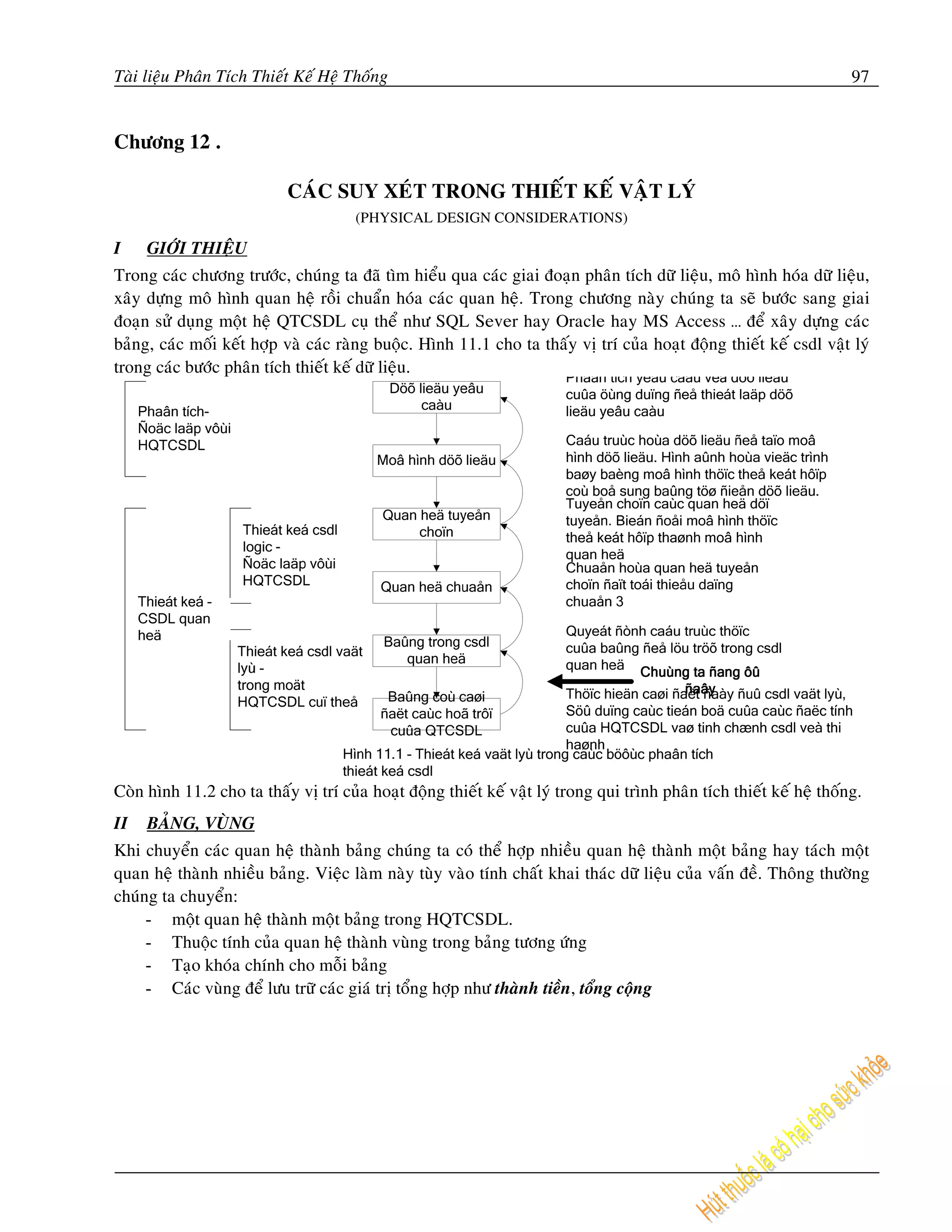 Taøi lieäu Phaân Tích Thieát Keá Heä Thoáng                                                                            97


Chöông 12 .

                            CAÙC SUY XEÙT TRONG THIEÁT KEÁ VAÄT LYÙ
                                       (PHYSICAL DESIGN CONSIDERATIONS)

I    GIÔÙI THIEÄU
Trong caùc chöông tröôùc, chuùng ta ñaõ tìm hieåu qua caùc giai ñoaïn phaân tích döõ lieäu, moâ hình hoùa döõ lieäu,
xaây döïng moâ hình quan heä roài chuaån hoùa caùc quan heä. Trong chöông naøy chuùng ta seõ böôùc sang giai
ñoaïn söû duïng moät heä QTCSDL cuï theå nhö SQL Sever hay Oracle hay MS Access … ñeå xaây döïng caùc
baûng, caùc moái keát hôïp vaø caùc raøng buoäc. Hình 11.1 cho ta thaáy vò trí cuûa hoaït ñoäng thieát keá csdl vaät lyù
trong caùc böôùc phaân tích thieát keá döõ lieäu.




Coøn hình 11.2 cho ta thaáy vò trí cuûa hoaït ñoäng thieát keá vaät lyù trong qui trình phaân tích thieát keá heä thoáng.
II   BAÛNG, VUØNG
Khi chuyeån caùc quan heä thaønh baûng chuùng ta coù theå hôïp nhieàu quan heä thaønh moät baûng hay taùch moät
quan heä thaønh nhieàu baûng. Vieäc laøm naøy tuøy vaøo tính chaát khai thaùc döõ lieäu cuûa vaán ñeà. Thoâng thöôøng
chuùng ta chuyeån:
     - moät quan heä thaønh moät baûng trong HQTCSDL.
     - Thuoäc tính cuûa quan heä thaønh vuøng trong baûng töông öùng
     - Taïo khoùa chính cho moãi baûng
     - Caùc vuøng ñeå löu tröõ caùc giaù trò toång hôïp nhö thaønh tieàn, toång coäng
 