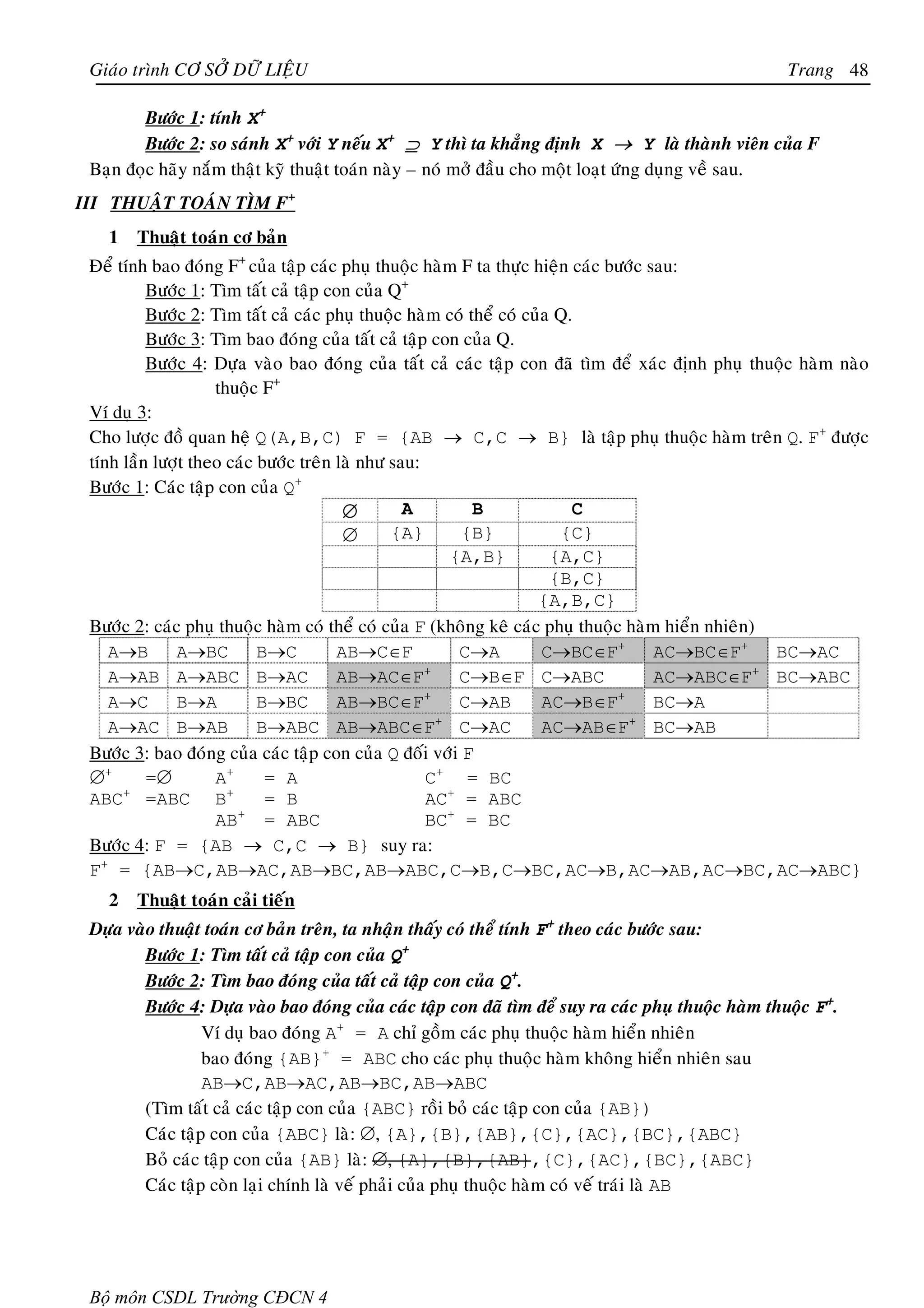 Giaùo trình CÔ SÔÛ DÖÕ LIEÄU                                                                      Trang 48

        Böôùc 1: tính X+
        Böôùc 2: so saùnh X+ vôùi Y neáu X+ ⊇ Y thì ta khaúng ñònh X → Y laø thaønh vieân cuûa F
 Baïn ñoïc haõy naém thaät kyõ thuaät toaùn naøy – noù môû ñaàu cho moät loaït öùng duïng veà sau.
III THUAÄT TOAÙN TÌM F+
   1   Thuaät toaùn cô baûn
 Ñeå tính bao ñoùng F+ cuûa taäp caùc phuï thuoäc haøm F ta thöïc hieän caùc böôùc sau:
          Böôùc 1: Tìm taát caû taäp con cuûa Q+
          Böôùc 2: Tìm taát caû caùc phuï thuoäc haøm coù theå coù cuûa Q.
          Böôùc 3: Tìm bao ñoùng cuûa taát caû taäp con cuûa Q.
          Böôùc 4: Döïa vaøo bao ñoùng cuûa taát caû caùc taäp con ñaõ tìm ñeå xaùc ñònh phuï thuoäc haøm naøo
                    thuoäc F+
 Ví duï 3:
 Cho löôïc ñoà quan heä Q(A,B,C) F = {AB → C,C → B} laø taäp phuï thuoäc haøm treân Q. F+ ñöôïc
 tính laàn löôït theo caùc böôùc treân laø nhö sau:
 Böôùc 1: Caùc taäp con cuûa Q+
                                        ∅        A         B              C
                                        ∅      {A}       {B}            {C}
                                                        {A,B}          {A,C}
                                                                       {B,C}
                                                                     {A,B,C}
 Böôùc 2: caùc phuï thuoäc haøm coù theå coù cuûa F (khoâng keâ caùc phuï thuoäc haøm hieån nhieân)
    A→B       A→BC B→C                 AB→C∈F            C→A          C→BC∈F+        AC→BC∈F+        BC→AC
                                                    +                                              +
    A→AB A→ABC B→AC                    AB→AC∈F           C→B∈F C→ABC                 AC→ABC∈F BC→ABC
                                                    +                           +
    A→C       B→A          B→BC        AB→BC∈F           C→AB         AC→B∈F         BC→A
                                                      +                           +
    A→AC B→AB B→ABC AB→ABC∈F C→AC                                     AC→AB∈F BC→AB
 Böôùc 3: bao ñoùng cuûa caùc taäp con cuûa Q ñoái vôùi F
 ∅+       =∅        A+      = A                     C+ = BC
 ABC+ =ABC B+               = B                     AC+ = ABC
                       +
                    AB = ABC                        BC+ = BC
 Böôùc 4: F = {AB → C,C → B} suy ra:
 F+ = {AB→C,AB→AC,AB→BC,AB→ABC,C→B,C→BC,AC→B,AC→AB,AC→BC,AC→ABC}
   2   Thuaät toaùn caûi tieán
 Döïa vaøo thuaät toaùn cô baûn treân, ta nhaän thaáy coù theå tính F+ theo caùc böôùc sau:
        Böôùc 1: Tìm taát caû taäp con cuûa Q+
        Böôùc 2: Tìm bao ñoùng cuûa taát caû taäp con cuûa Q+.
        Böôùc 4: Döïa vaøo bao ñoùng cuûa caùc taäp con ñaõ tìm ñeå suy ra caùc phuï thuoäc haøm thuoäc F+.
                 Ví duï bao ñoùng A+ = A chæ goàm caùc phuï thuoäc haøm hieån nhieân
                 bao ñoùng {AB}+ = ABC cho caùc phuï thuoäc haøm khoâng hieån nhieân sau
                 AB→C,AB→AC,AB→BC,AB→ABC
        (Tìm taát caû caùc taäp con cuûa {ABC} roài boû caùc taäp con cuûa {AB})
        Caùc taäp con cuûa {ABC} laø: ∅, {A},{B},{AB},{C},{AC},{BC},{ABC}
        Boû caùc taäp con cuûa {AB} laø: ∅, {A},{B},{AB},{C},{AC},{BC},{ABC}
        Caùc taäp coøn laïi chính laø veá phaûi cuûa phuï thuoäc haøm coù veá traùi laø AB




 Bộ môn CSDL Trường CĐCN 4
 