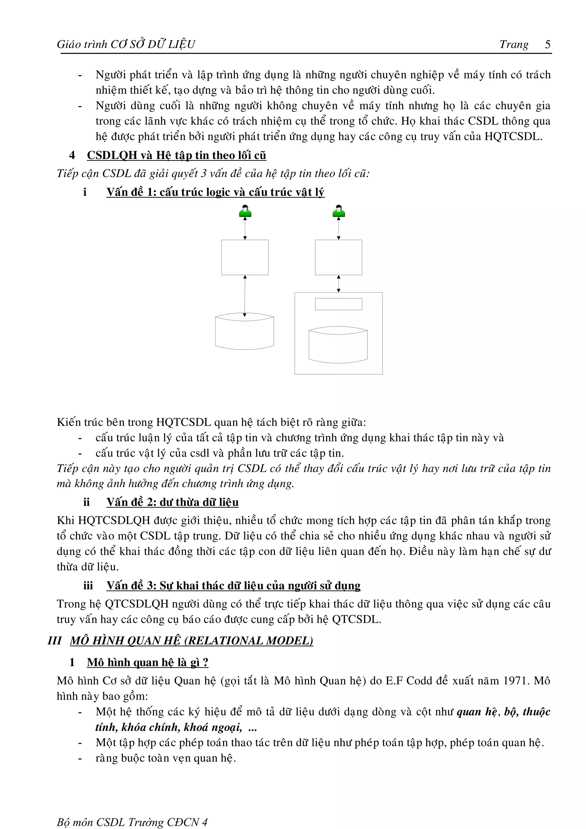 Giaùo trình CÔ SÔÛ DÖÕ LIEÄU                                                                                 Trang     5

        -         Ngöôøi phaùt trieån vaø laäp trình öùng duïng laø nhöõng ngöôøi chuyeân nghieäp veà maùy tính coù traùch
                  nhieäm thieát keá, taïo döïng vaø baûo trì heä thoâng tin cho ngöôøi duøng cuoái.
        -         Ngöôøi duøng cuoái laø nhöõng ngöôøi khoâng chuyeân veà maùy tính nhöng hoï laø caùc chuyeân gia
                  trong caùc laõnh vöïc khaùc coù traùch nhieäm cuï theå trong toå chöùc. Hoï khai thaùc CSDL thoâng qua
                  heä ñöôïc phaùt trieån bôûi ngöôøi phaùt trieån öùng duïng hay caùc coâng cuï truy vaán cuûa HQTCSDL.
    4           CSDLQH vaø Heä taäp tin theo loái cuõ
 Tieáp caän CSDL ñaõ giaûi quyeát 3 vaán ñeà cuûa heä taäp tin theo loái cuõ:
            i       Vaán ñeà 1: caáu truùc logic vaø caáu truùc vaät lyù




 Kieán truùc beân trong HQTCSDL quan heä taùch bieät roõ raøng giöõa:
      - caáu truùc luaän lyù cuûa taát caû taäp tin vaø chöông trình öùng duïng khai thaùc taäp tin naøy vaø
      - caáu truùc vaät lyù cuûa csdl vaø phaàn löu tröõ caùc taäp tin.
 Tieáp caän naøy taïo cho ngöôøi quaûn trò CSDL coù theå thay ñoåi caáu truùc vaät lyù hay nôi löu tröõ cuûa taäp tin
 maø khoâng aûnh höôûng ñeán chöông trình öùng duïng.
            ii      Vaán ñeà 2: dö thöøa döõ lieäu
 Khi HQTCSDLQH ñöôïc giôùi thieäu, nhieàu toå chöùc mong tích hôïp caùc taäp tin ñaõ phaân taùn khaép trong
 toå chöùc vaøo moät CSDL taäp trung. Döõ lieäu coù theå chia seû cho nhieàu öùng duïng khaùc nhau vaø ngöôøi söû
 duïng coù theå khai thaùc ñoàng thôøi caùc taäp con döõ lieäu lieân quan ñeán hoï. Ñieàu naøy laøm haïn cheá söï dö
 thöøa döõ lieäu.
            iii     Vaán ñeà 3: Söï khai thaùc döõ lieäu cuûa ngöôøi söû duïng
 Trong heä QTCSDLQH ngöôøi duøng coù theå tröïc tieáp khai thaùc döõ lieäu thoâng qua vieäc söû duïng caùc caâu
 truy vaán hay caùc coâng cuï baùo caùo ñöôïc cung caáp bôûi heä QTCSDL.
III MOÂ HÌNH QUAN HEÄ (RELATIONAL MODEL)
    1           Moâ hình quan heä laø gì ?
 Moâ hình Cô sôû döõ lieäu Quan heä (goïi taét laø Moâ hình Quan heä) do E.F Codd ñeà xuaát naêm 1971. Moâ
 hình naøy bao goàm:
     - Moät heä thoáng caùc kyù hieäu ñeå moâ taû döõ lieäu döôùi daïng doøng vaø coät nhö quan heä, boä, thuoäc
         tính, khoùa chính, khoaù ngoaïi, ...
     - Moät taäp hôïp caùc pheùp toaùn thao taùc treân döõ lieäu nhö pheùp toaùn taäp hôïp, pheùp toaùn quan heä.
     - raøng buoäc toaøn veïn quan heä.




 Bộ môn CSDL Trường CĐCN 4
 