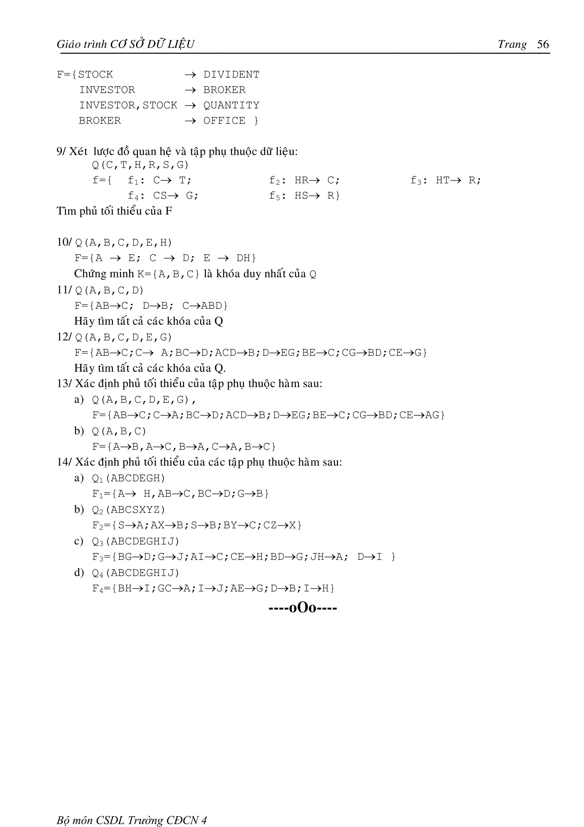 Giaùo trình CÔ SÔÛ DÖÕ LIEÄU                                               Trang 56

F={STOCK                  →    DIVIDENT
   INVESTOR               →    BROKER
   INVESTOR,STOCK         →    QUANTITY
   BROKER                 →    OFFICE }

9/ Xeùt löôïc ñoà quan heä vaø taäp phuï thuoäc döõ lieäu:
        Q(C,T,H,R,S,G)
        f={ f1: C→ T;                            f2: HR→ C;   f3: HT→ R;
                f4: CS→ G;                       f5: HS→ R}
Tìm phuû toái thieåu cuûa F

10/ Q(A,B,C,D,E,H)
    F={A → E; C → D; E → DH}
    Chöùng minh K={A,B,C} laø khoùa duy nhaát cuûa Q
11/ Q(A,B,C,D)
    F={AB→C; D→B; C→ABD}
    Haõy tìm taát caû caùc khoùa cuûa Q
12/ Q(A,B,C,D,E,G)
    F={AB→C;C→ A;BC→D;ACD→B;D→EG;BE→C;CG→BD;CE→G}
    Haõy tìm taát caû caùc khoùa cuûa Q.
13/ Xaùc ñònh phuû toái thieåu cuûa taäp phuï thuoäc haøm sau:
    a) Q(A,B,C,D,E,G),
       F={AB→C;C→A;BC→D;ACD→B;D→EG;BE→C;CG→BD;CE→AG}
    b) Q(A,B,C)
       F={A→B,A→C,B→A,C→A,B→C}
14/ Xaùc ñònh phuû toái thieåu cuûa caùc taäp phuï thuoäc haøm sau:
    a) Q1(ABCDEGH)
       F1={A→ H,AB→C,BC→D;G→B}
    b) Q2(ABCSXYZ)
       F2={S→A;AX→B;S→B;BY→C;CZ→X}
    c) Q3(ABCDEGHIJ)
       F3={BG→D;G→J;AI→C;CE→H;BD→G;JH→A; D→I }
    d) Q4(ABCDEGHIJ)
       F4={BH→I;GC→A;I→J;AE→G;D→B;I→H}
                                           ----oOo----




Bộ môn CSDL Trường CĐCN 4
 