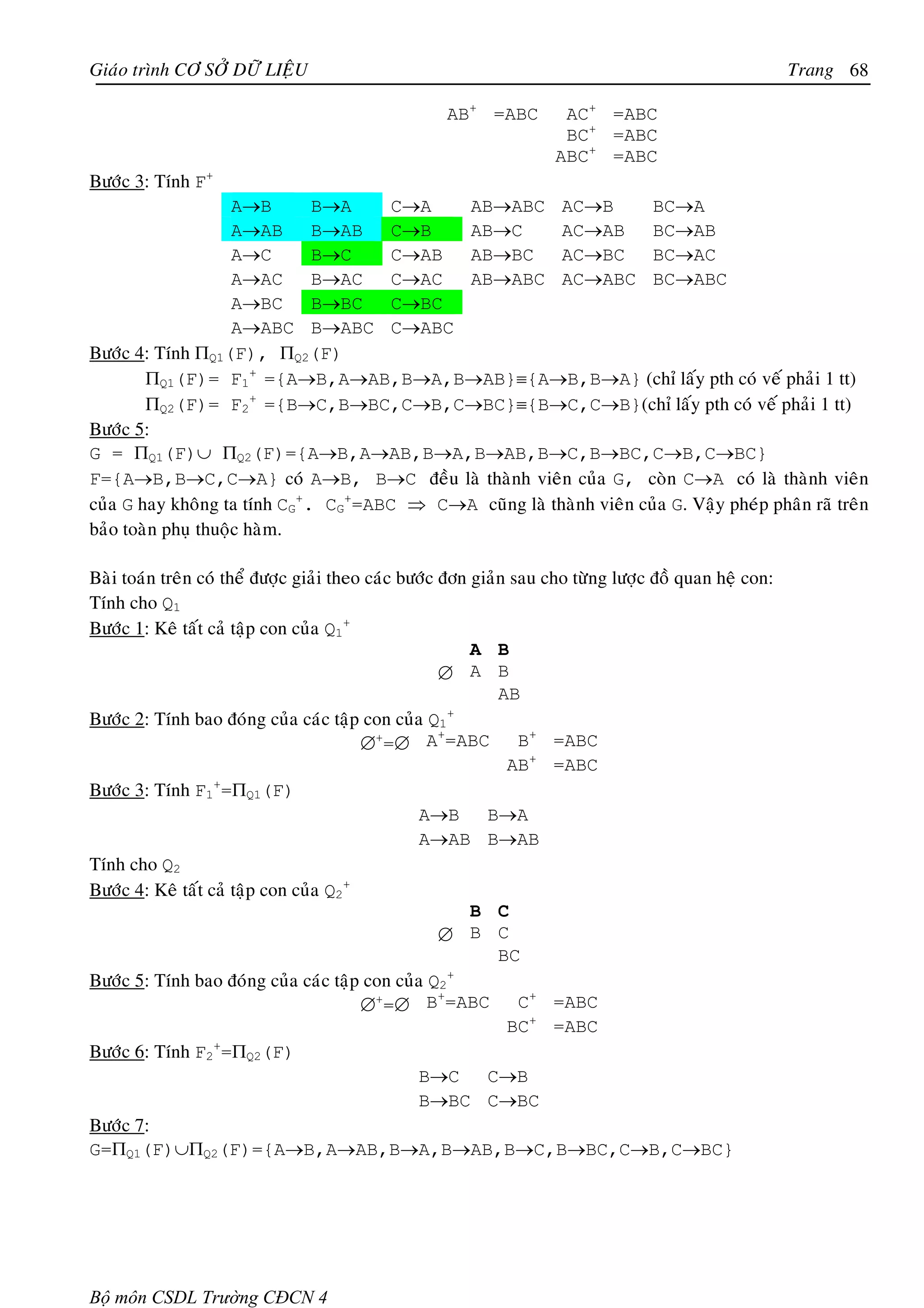 Giaùo trình CÔ SÔÛ DÖÕ LIEÄU                                                                            Trang 68

                                                    AB+ =ABC         AC+ =ABC
                                                                     BC+ =ABC
                                                                    ABC+ =ABC
Böôùc 3: Tính F+
                     A→B      B→A     C→A  AB→ABC AC→B                BC→A
                     A→AB     B→AB    C→B  AB→C          AC→AB        BC→AB
                     A→C      B→C     C→AB AB→BC AC→BC                BC→AC
                     A→AC     B→AC C→AC    AB→ABC AC→ABC BC→ABC
                     A→BC     B→BC    C→BC
                     A→ABC B→ABC C→ABC
Böôùc 4: Tính ΠQ1(F), ΠQ2(F)
        ΠQ1(F)= F1+ ={A→B,A→AB,B→A,B→AB}≡{A→B,B→A} (chæ laáy pth coù veá phaûi 1 tt)
        ΠQ2(F)= F2+ ={B→C,B→BC,C→B,C→BC}≡{B→C,C→B}(chæ laáy pth coù veá phaûi 1 tt)
Böôùc 5:
G = ΠQ1(F)∪ ΠQ2(F)={A→B,A→AB,B→A,B→AB,B→C,B→BC,C→B,C→BC}
F={A→B,B→C,C→A} coù A→B, B→C ñeàu laø thaønh vieân cuûa G, coøn C→A coù laø thaønh vieân
cuûa G hay khoâng ta tính CG+. CG+=ABC ⇒ C→A cuõng laø thaønh vieân cuûa G. Vaäy pheùp phaân raõ treân
baûo toaøn phuï thuoäc haøm.

Baøi toaùn treân coù theå ñöôïc giaûi theo caùc böôùc ñôn giaûn sau cho töøng löôïc ñoà quan heä con:
Tính cho Q1
Böôùc 1: Keâ taát caû taäp con cuûa Q1+
                                                          A B
                                                      ∅ A B
                                                              AB
Böôùc 2: Tính bao ñoùng cuûa caùc taäp con cuûa Q1      +
                                                      +
                                          ∅+=∅ A =ABC            B+ =ABC
                                                               AB+ =ABC
Böôùc 3: Tính F1+=ΠQ1(F)
                                                  A→B       B→A
                                                  A→AB B→AB
Tính cho Q2
Böôùc 4: Keâ taát caû taäp con cuûa Q2+
                                                          B C
                                                      ∅ B C
                                                              BC
Böôùc 5: Tính bao ñoùng cuûa caùc taäp con cuûa Q2      +
                                                      +
                                          ∅+=∅ B =ABC            C+ =ABC
                                                               BC+ =ABC
Böôùc 6: Tính F2+=ΠQ2(F)
                                                  B→C       C→B
                                                  B→BC C→BC
Böôùc 7:
G=ΠQ1(F)∪ΠQ2(F)={A→B,A→AB,B→A,B→AB,B→C,B→BC,C→B,C→BC}




Bộ môn CSDL Trường CĐCN 4
 