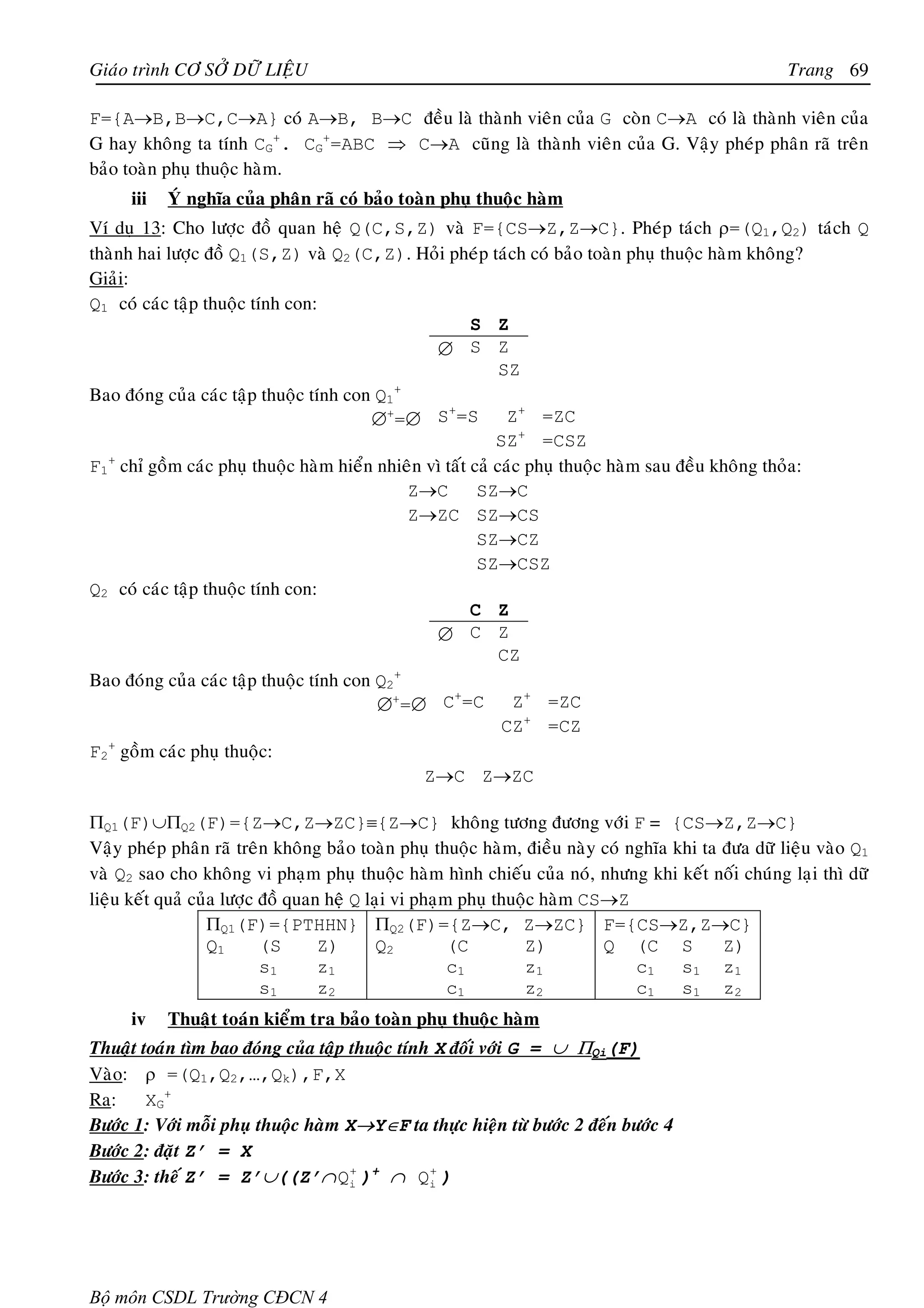 Giaùo trình CÔ SÔÛ DÖÕ LIEÄU                                                                        Trang 69

F={A→B,B→C,C→A} coù A→B, B→C ñeàu laø thaønh vieân cuûa G coøn C→A coù laø thaønh vieân cuûa
G hay khoâng ta tính CG+. CG+=ABC ⇒ C→A cuõng laø thaønh vieân cuûa G. Vaäy pheùp phaân raõ treân
baûo toaøn phuï thuoäc haøm.
      iii   YÙ nghóa cuûa phaân raõ coù baûo toaøn phuï thuoäc haøm
Ví duï 13: Cho löôïc ñoà quan heä Q(C,S,Z) vaø F={CS→Z,Z→C}. Pheùp taùch ρ=(Q1,Q2) taùch Q
thaønh hai löôïc ñoà Q1(S,Z) vaø Q2(C,Z). Hoûi pheùp taùch coù baûo toaøn phuï thuoäc haøm khoâng?
Giaûi:
Q1 coù caùc taäp thuoäc tính con:
                                                        S Z
                                                 ∅ S Z
                                                             SZ
Bao ñoùng cuûa caùc taäp thuoäc tính con Q1 +
                                                    +
                                        ∅+=∅ S =S             Z+ =ZC
                                                            SZ+ =CSZ
F1+ chæ goàm caùc phuï thuoäc haøm hieån nhieân vì taát caû caùc phuï thuoäc haøm sau ñeàu khoâng thoûa:
                                              Z→C        SZ→C
                                              Z→ZC SZ→CS
                                                         SZ→CZ
                                                         SZ→CSZ
Q2 coù caùc taäp thuoäc tính con:
                                                        C Z
                                                 ∅ C Z
                                                             CZ
Bao ñoùng cuûa caùc taäp thuoäc tính con Q2 +
                                                     +
                                         ∅+=∅ C =C             Z+ =ZC
                                                             CZ+ =CZ
F2+ goàm caùc phuï thuoäc:
                                                Z→C Z→ZC

ΠQ1(F)∪ΠQ2(F)={Z→C,Z→ZC}≡{Z→C} khoâng töông ñöông vôùi F = {CS→Z,Z→C}
Vaäy pheùp phaân raõ treân khoâng baûo toaøn phuï thuoäc haøm, ñieàu naøy coù nghóa khi ta ñöa döõ lieäu vaøo Q1
vaø Q2 sao cho khoâng vi phaïm phuï thuoäc haøm hình chieáu cuûa noù, nhöng khi keát noái chuùng laïi thì döõ
lieäu keát quaû cuûa löôïc ñoà quan heä Q laïi vi phaïm phuï thuoäc haøm CS→Z
                   ΠQ1(F)={PTHHN} ΠQ2(F)={Z→C, Z→ZC} F={CS→Z,Z→C}
                   Q1      (S      Z)       Q2         (C        Z)        Q (C S          Z)
                           s1      z1                  c1        z1            c 1 s1 z1
                           s1      z2                  c1        z2            c 1 s1 z2
      iv    Thuaät toaùn kieåm tra baûo toaøn phuï thuoäc haøm
Thuaät toaùn tìm bao ñoùng cuûa taäp thuoäc tính X ñoái vôùi G = ∪ ΠQi(F)
Vaøo: ρ =(Q1,Q2,…,Qk),F,X
Ra:     XG+
Böôùc 1: Vôùi moãi phuï thuoäc haøm X→Y∈F ta thöïc hieän töø böôùc 2 ñeán böôùc 4
Böôùc 2: ñaët Z’ = X
Böôùc 3: theá Z’ = Z’∪((Z’∩ Qi )+ ∩ Qi )
                                     +          +




Bộ môn CSDL Trường CĐCN 4
 