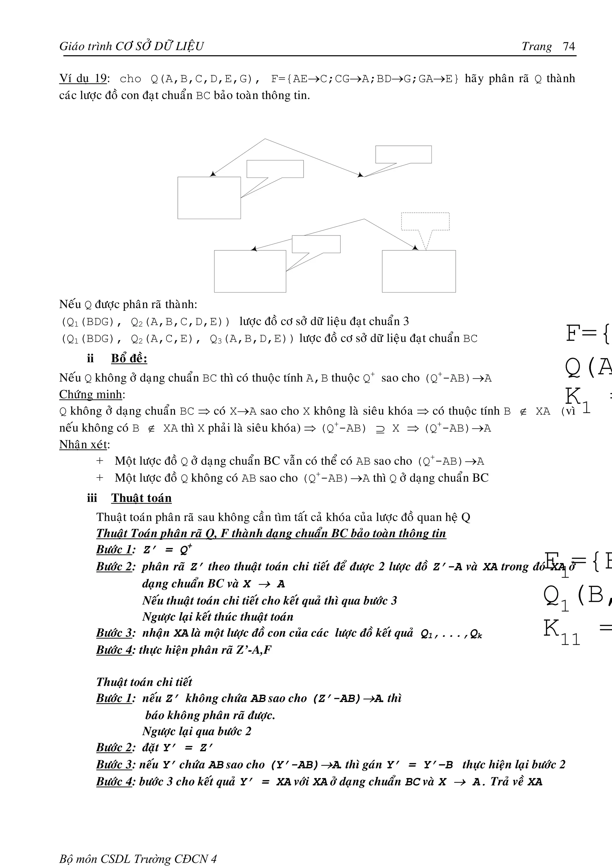 Giaùo trình CÔ SÔÛ DÖÕ LIEÄU                                                                     Trang 74

Ví duï 19: cho Q(A,B,C,D,E,G), F={AE→C;CG→A;BD→G;GA→E} haõy phaân raõ Q thaønh
caùc löôïc ñoà con ñaït chuaån BC baûo toaøn thoâng tin.




Neáu Q ñöôïc phaân raõ thaønh:
(Q1(BDG), Q2(A,B,C,D,E)) löôïc ñoà cô sôû döõ lieäu ñaït chuaån 3
(Q1(BDG), Q2(A,C,E), Q3(A,B,D,E)) löôïc ñoà cô sôû döõ lieäu ñaït chuaån BC
     ii      Boå ñeà:
Neáu Q khoâng ôû daïng chuaån BC thì coù thuoäc tính A,B thuoäc Q+ sao cho (Q+-AB)→A
Chöùng minh:
Q khoâng ôû daïng chuaån BC ⇒ coù X→A sao cho X khoâng laø sieâu khoùa ⇒ coù thuoäc tính B ∉ XA (vì
neáu khoâng coù B ∉ XA thì X phaûi laø sieâu khoùa) ⇒ (Q+-AB) ⊇ X ⇒ (Q+-AB)→A
Nhaän xeùt:
       + Moät löôïc ñoà Q ôû daïng chuaån BC vaãn coù theå coù AB sao cho (Q+-AB)→A
       + Moät löôïc ñoà Q khoâng coù AB sao cho (Q+-AB)→A thì Q ôû daïng chuaån BC
     iii     Thuaät toaùn
          Thuaät toaùn phaân raõ sau khoâng caàn tìm taát caû khoùa cuûa löôïc ñoà quan heä Q
          Thuaät Toaùn phaân raõ Q, F thaønh daïng chuaån BC baûo toaøn thoâng tin
          Böôùc 1: Z’ = Q+
          Böôùc 2: phaân raõ Z’ theo thuaät toaùn chi tieát ñeå ñöôïc 2 löôïc ñoà Z’-A vaø XA trong ñoù XA ôû
                    daïng chuaån BC vaø X → A
                    Neáu thuaät toaùn chi tieát cho keát quaû thì qua böôùc 3
                    Ngöôïc laïi keát thuùc thuaät toaùn
          Böôùc 3: nhaän XA laø moät löôïc ñoà con cuûa caùc löôïc ñoà keát quaû Q1,...,Qk
          Böôùc 4: thöïc hieän phaân raõ Z’-A,F

          Thuaät toaùn chi tieát
          Böôùc 1: neáu Z’ khoâng chöùa AB sao cho (Z’-AB)→A. thì
                    baùo khoâng phaân raõ ñöôïc.
                    Ngöôïc laïi qua böôùc 2
          Böôùc 2: ñaët Y’ = Z’
          Böôùc 3: neáu Y’ chöùa AB sao cho (Y’-AB)→A. thì gaùn Y’ = Y’–B thöïc hieän laïi böôùc 2
          Böôùc 4: böôùc 3 cho keát quaû Y’ = XA vôùi XA ôû daïng chuaån BC vaø X → A. Traû veà XA




Bộ môn CSDL Trường CĐCN 4
 