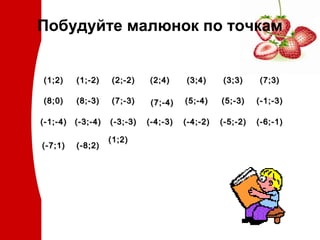 Побудуйте малюнок по точкам
(1;2)

(1;-2)

(2;-2)

(2;4)

(3;4)

(3;3)

(7;3)

(8;0)

(8;-3)

(7;-3)

(7;-4)

(5;-4)

(5;-3)

(-1;-3)

(-1;-4)

(-3;-4)

(-3;-3)

(-4;-3)

(-4;-2)

(-5;-2)

(-6;-1)

(-7;1)

(-8;2)

(1;2)

 