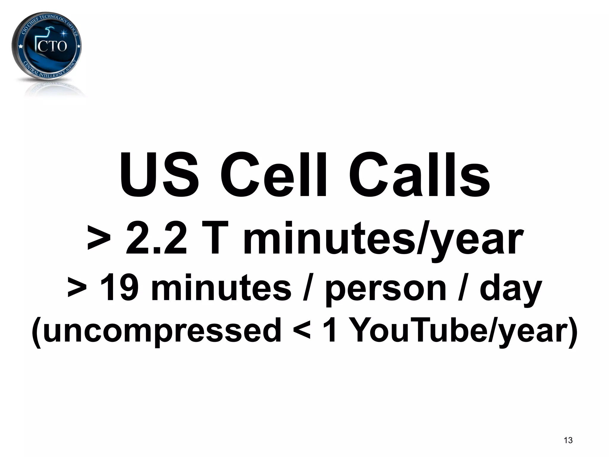 US Cell Calls
   > 2.2 T minutes/year
  > 19 minutes / person / day
(uncompressed < 1 YouTube/year)


                                13
 
