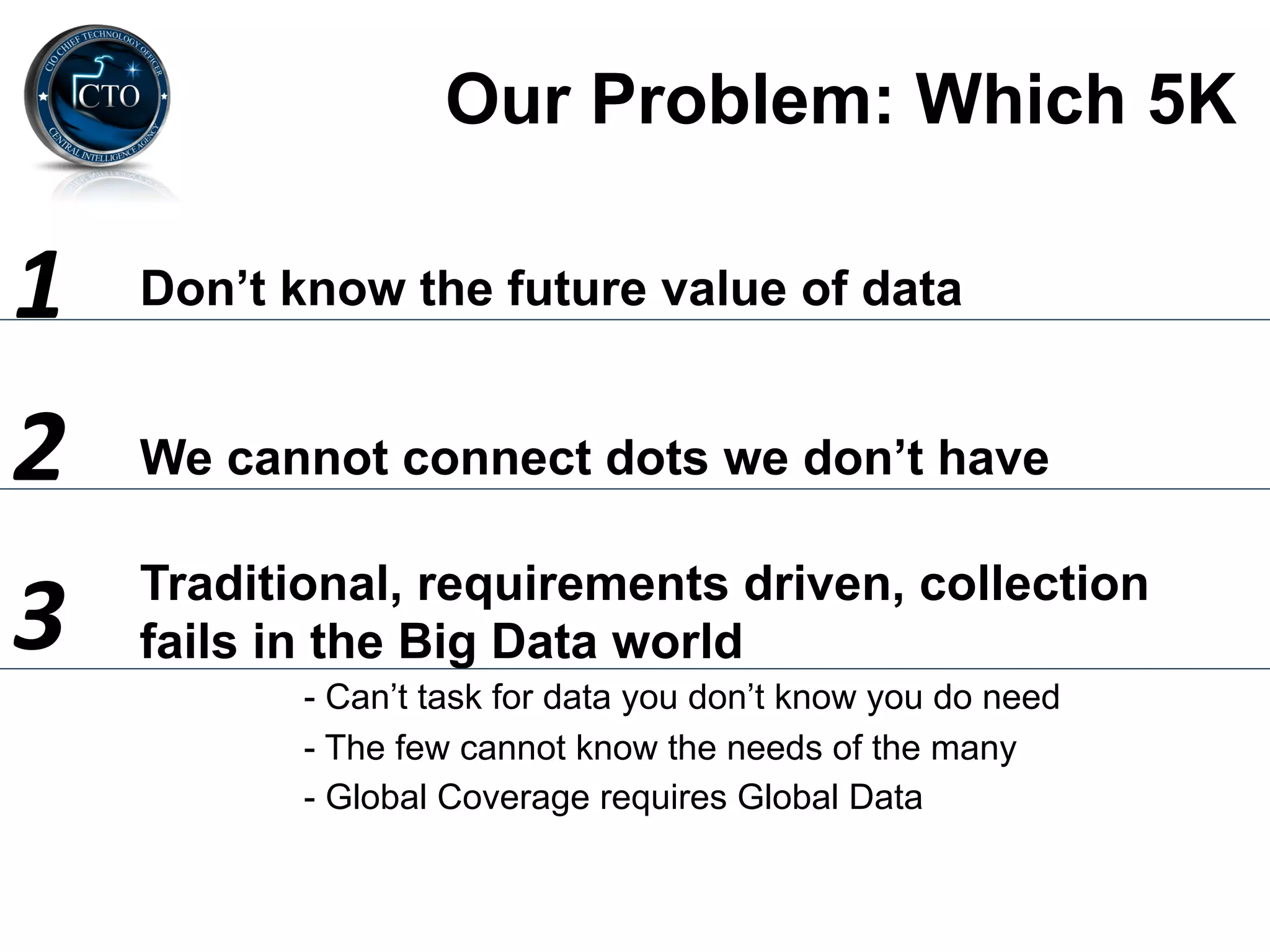 Our Problem: Which 5K

1	
     Don’t know the future value of data


2	
     We cannot connect dots we don’t have


3	
     Traditional, requirements driven, collection
        fails in the Big Data world
               - Can’t task for data you don’t know you do need
               - The few cannot know the needs of the many
               - Global Coverage requires Global Data
 