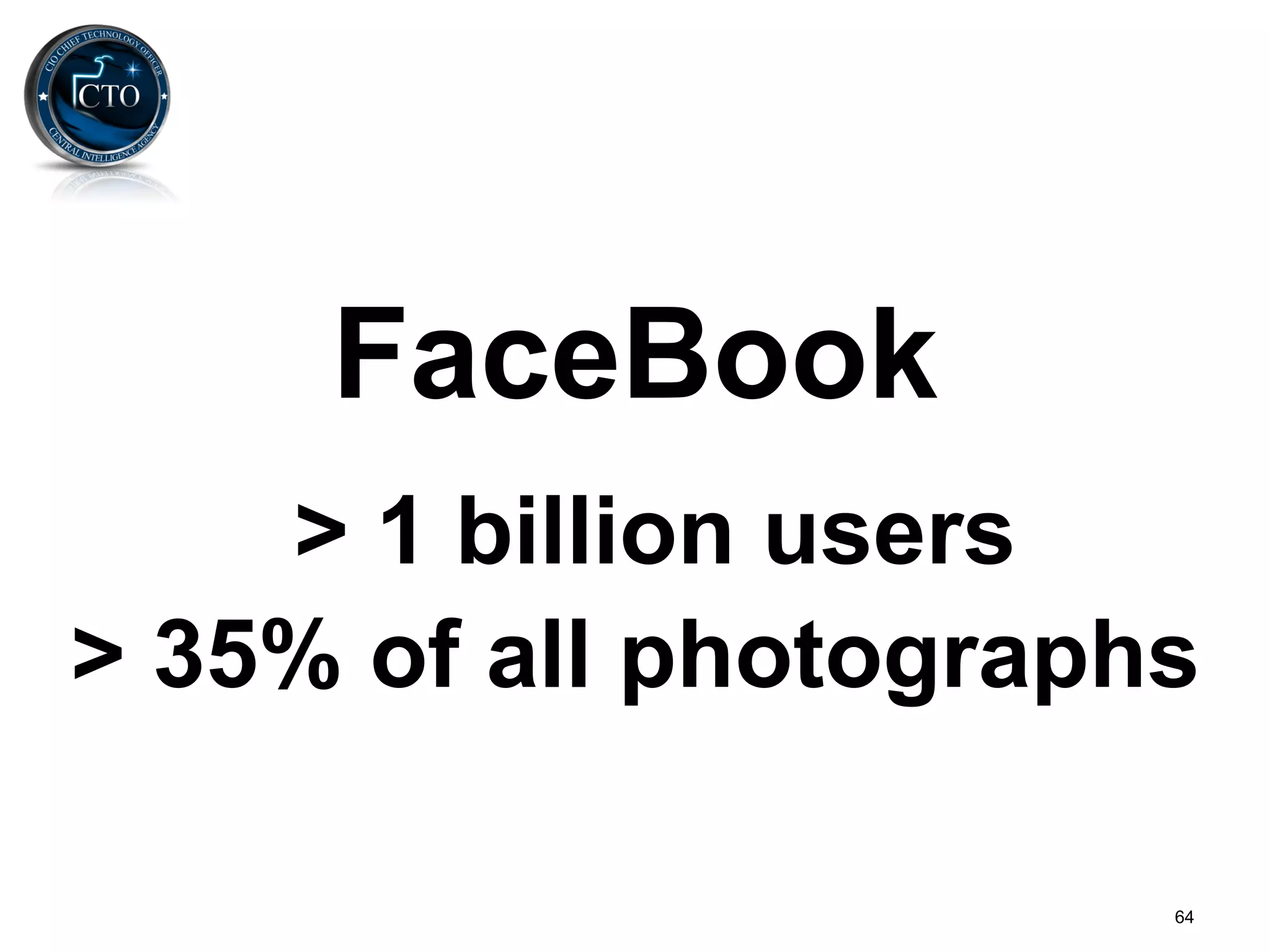 FaceBook
    > 1 billion users
> 35% of all photographs

                       64
 