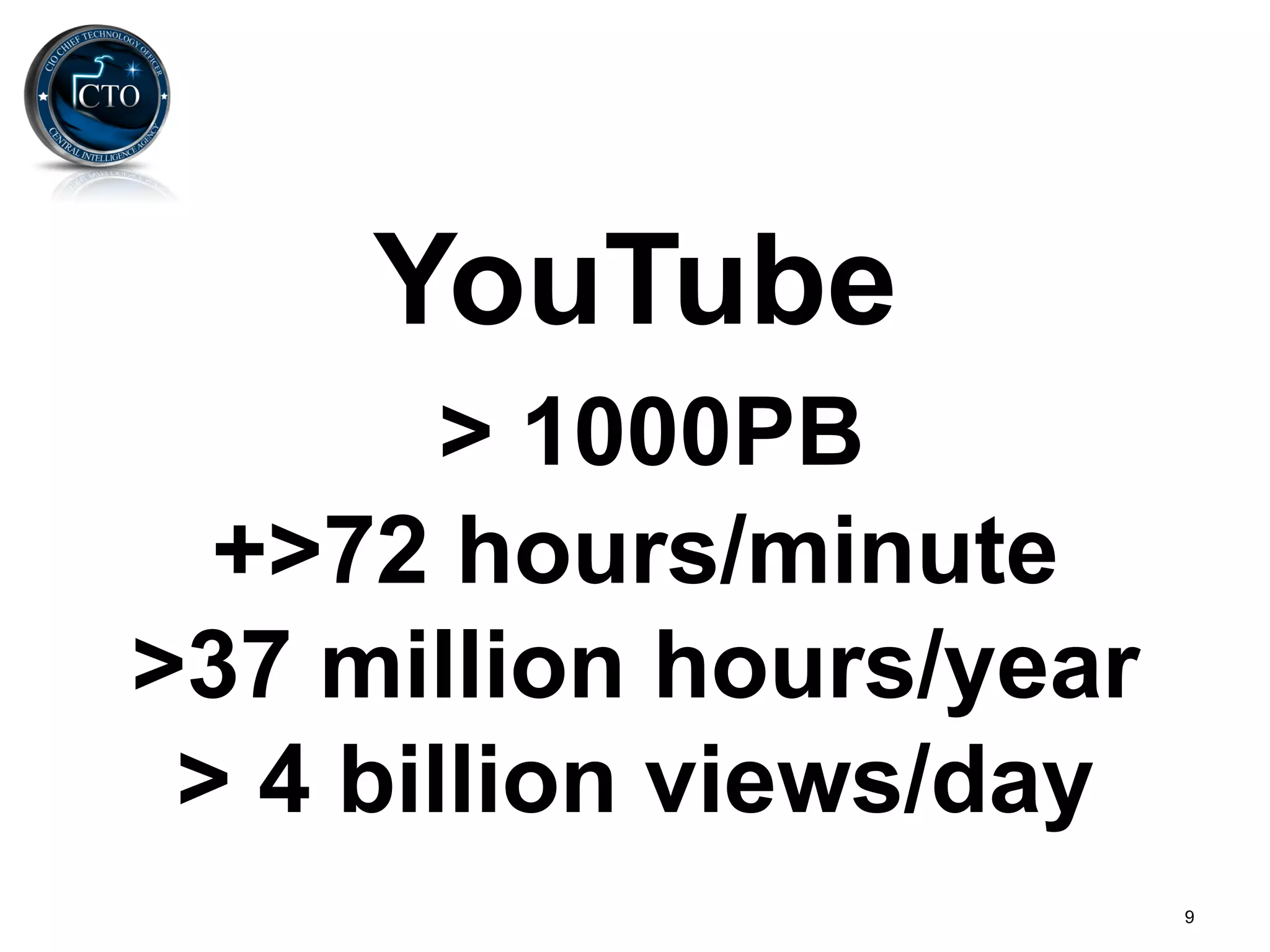 YouTube
        > 1000PB
  +>72 hours/minute
>37 million hours/year
 > 4 billion views/day
                         9
 