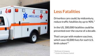 Less Fatalities
Driverless cars could, by midcentury,
reduce traffic fatalities by up to 90%.*
In the US, 300,000 fataliti...