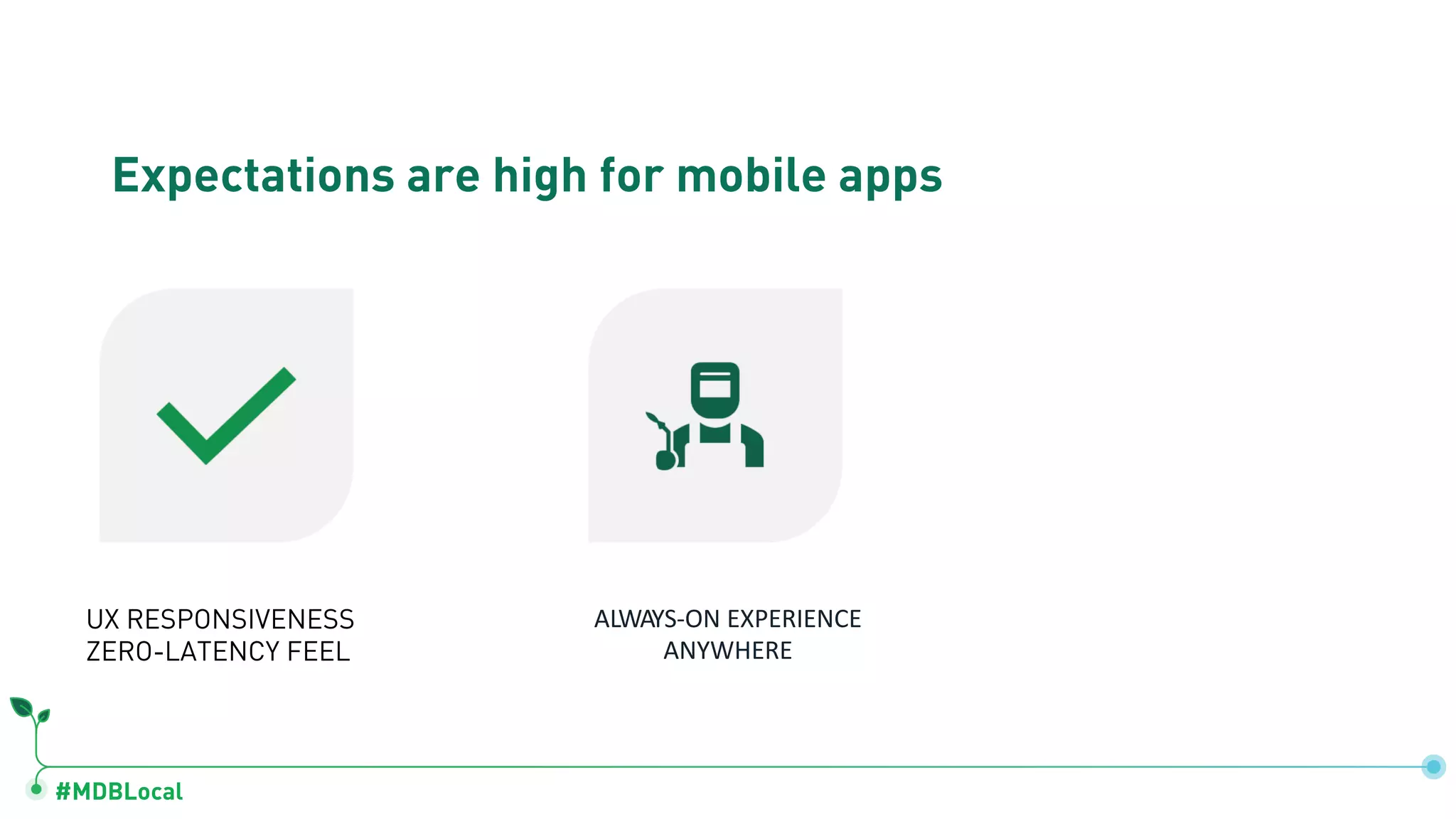 #MDBLocal
Expectations are high for mobile apps
ALWAYS-ON EXPERIENCE
ANYWHERE
UX RESPONSIVENESS
ZERO-LATENCY FEEL
REALTIME
& COLLABORATIVE
 