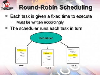 Round-Robin Scheduling Each task is given a fixed time to execute Must be written accordingly The scheduler runs each task in turn Scheduler Task 1 Task 2 Task 3 while(1) { switch(x) { case 0: …  break; case 1: … break; } } while(1) { switch(x) { case 0: …  break; case 1: … break; } } while(1) { switch(x) { case 0: …  break; case 1: … break; } } 