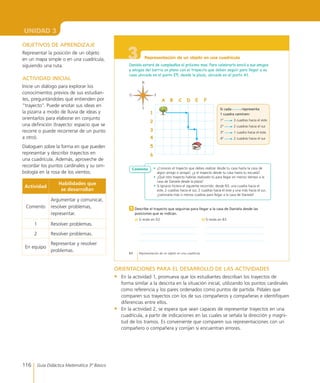 116 Guía Didáctica Matemática 3º Básico
UNIDAD 3
3
84 Representación de un objeto en una cuadrícula
Representación de un objeto en una cuadrícula
Daniela estará de cumpleaños el próximo mes. Para celebrarlo envió a sus amigos
y amigas del barrio un plano con el trayecto que deben seguir para llegar a su
casa ubicada en el punto E5, desde la plaza, ubicada en el punto A1.
•	 ¿Conoces	el	trayecto	que	debes	realizar	desde	tu	casa	hasta	la	casa	de	
algún	amigo	o	amiga?,	¿y	el	trayecto	desde	tu	casa	hasta	tu	escuela?
•	 ¿Qué	otro	trayecto	habrías	realizado	tú	para	llegar	en	menos	tiempo	a	la	
casa	de	Daniela	desde	la	plaza?
•	 Si	Ignacio	hiciera	el	siguiente	recorrido:	desde	B3,	una	cuadra	hacia	el	
este,	2	cuadras	hacia	el	sur,	2	cuadras	hacia	el	este	y	una	más	hacia	el	sur,	
¿caminaría	más	o	menos	cuadras	para	llegar	a	la	casa	de	Daniela?
Comento
Describe el trayecto que seguirías para llegar a la casa de Daniela desde las
posiciones que se indican.
a)	Si estás en D2. b)	Si estás en B3.
1
A B C D E F
1
2
3
4
5
6
Si cada	 	representa
1 cuadra caminen:
1º	 	3	cuadras	hacia	el	este.
2º	 	2	cuadras	hacia	el	sur.
3º	 	1	cuadra	hacia	el	este.
4º	 	2	cuadras	hacia	el	sur.
N
S
O E
ORIENTACIONES PARA EL DESARROLLO DE LAS ACTIVIDADES
•	 En la actividad 1, promueva que los estudiantes describan los trayectos de
forma similar a la descrita en la situación inicial, utilizando los puntos cardinales
como referencia y los pares ordenados como puntos de partida. Pídales que
comparen sus trayectos con los de sus compañeros y compañeras e identifiquen
diferencias entre ellos.
•	 En la actividad 2, se espera que sean capaces de representar trayectos en una
cuadrícula, a partir de indicaciones en las cuales se señala la dirección y magni-
tud de los tramos. Es conveniente que comparen sus representaciones con un
compañero o compañera y corrijan si encuentran errores.
OBJETIVOS DE APRENDIZAJE
Representar la posición de un objeto
en un mapa simple o en una cuadrícula,
siguiendo una ruta.
ACTIVIDAD INICIAL
Inicie un diálogo para explorar los
conocimientos previos de sus estudian-
tes, preguntándoles qué entienden por
“trayecto”. Puede anotar sus ideas en
la pizarra a modo de lluvia de ideas y
orientarlos para elaborar en conjunto
una definición (trayecto: espacio que se
recorre o puede recorrerse de un punto
a otro).
Dialoguen sobre la forma en que pueden
representar y describir trayectos en
una cuadrícula. Además, aproveche de
recordar los puntos cardinales y su sim-
bología en la rosa de los vientos.
Actividad
Habilidades que
se desarrollan
Comento
Argumentar y comunicar,
resolver problemas,
representar.
1 Resolver problemas.
2 Resolver problemas.
En equipo
Representar y resolver
problemas.
 