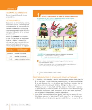 34 Guía Didáctica Matemática 3º Básico
UNIDAD 1
1
10 Lectura e interpretación de líneas de tiempo y calendarios
Lectura e interpretación de líneas de tiempo y calendarios
En el diario mural de 3º básico se muestran los meses del año en que se
celebran algunas fiestas tradicionales chilenas.
Busca y observa un calendario de este año. Luego, comenta y responde.
a)	¿Cuántos	meses	tiene	un	año?
b)	¿Cuáles	son	los	meses	que	tienen	la	misma	cantidad	de	días?,	¿cuántos	días	tienen?
c)	 ¿Qué	significa	que	algunos	días	estén	pintados	con	rojo?
1
L M M J V S D
1 2 3
4 5 6 7 8 9 10
11 12 13 14 15 16 17
18 19 20 21 22 23 24
25 26 27 28 29 30
L M M J V S D
1
2 3 4 5 6 7 8
9 10 11 12 13 14 15
16 17 18 19 20 21 22
23 24 25 26 27 28 29
30 31
L M M J V S D
1 2
3 4 5 6 7 8 9
10 11 12 13 14 15 16
17 18 19 20 21 22 23
24 25 26 27 28 29 30
Año Nuevo
Mapuche Fiesta de
La Tirana
Fiestas
Patrias
•	 ¿En	qué	mes	se	celebra	cada	fiesta?	Averígualo	y	escribe	el	mes	
correspondiente	en	cada	hoja	de	calendario.
•	 ¿Qué	días	se	celebra	cada	fiesta?
Comento
OBJETIVOS DE APRENDIZAJE
Leer e interpretar líneas de tiempo
y calendarios.
ACTIVIDAD INICIAL
Para activar los conocimientos previos,
mediante el uso del calendario pídales
que identifiquen en conjunto los días,
semanas y meses del año. Pregunte
sobre algunas características del calen-
dario, como duración de las semanas
y de los meses.
La sección Comento está orientada
a la lectura de fechas de festividades
chilenas. Pregunte a sus alumnos y
alumnas para qué creen que sirve un
calendario y destaque las ideas más
importantes anotándolas en la pizarra.
Actividad
Habilidades que
se desarrollan
Comento Resolver problemas.
1 y 2 Resolver problemas.
3 y 4 Argumentar y comunicar.
ORIENTACIONES PARA EL DESARROLLO DE LAS ACTIVIDADES
•	 La actividad 1 está orientada a reforzar el conocimiento mínimo sobre la lectura
de un calendario. Es muy importante que los alumnos y las alumnas dispongan
de un calendario del año, o en su defecto, que el profesor o profesora lleve un
calendario de tamaño adecuado donde se distingan los días y meses.
	 Pídales que revisen en conjunto la actividad, observen el calendario y cuenten
los meses del año, cuenten la cantidad de días de cada mes e identifiquen algu-
nos feriados importantes. Puede mostrarles la técnica de la mano empuñada
para recordar qué meses tienen 31 días y cuáles menos.
•	 Otras fechas importantes de recordar durante el año son los cambios de esta-
ción, los que aparecen en la actividad 2. Señale a los niños y las niñas que los
cambios de estación son procesos que duran algún tiempo y no ocurren de un
 