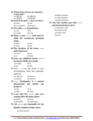 At : Chunna Bhatta, Kokar, Ranchi || Web : www.bharatsir.com || WhatsApp: 09835376044
65. Which of these devices use capacitors
to store data?
(a) SRAM (b) DRAM
(c) ERAM (d) PRAM
66.Each of the girls -----her own dress.
(a) have (b) has
(b) (c) contains (d) possess
67.Five miles ------ long distance.
(a) are (b) is
(c) would (d) may
68.Many a man -------- tried hard to
climb the treacherous mountain
range.
(a) have (b) has
(c) were (d) are
69.The furniture of the house ------
quite impressive.
(a) were (b) are
(c) is (d) have
70.Uma, my childhood friend --------
leaving for Delhi next month.
(a) would (b) is
(c) are (d) has
71.Your --------are the proof of your
discriminating mind and pragmatic
approach.
(a) Advices (b) advice
(c) advise (d) advises
72.------- Earthquake is a natural
phenomenon and nobody can
predict it.
(a) An (b) A
(c) The (d) none
73.I saw only five -------- who were
running after the bank-robber.
(a) police (b) none
(c) the police (d) policemen
74. All -------- are responsible for the
pitiable condition of their states.
(a) chief minister
(b)chiefs ministers
(c) chief ministers
(d) chief ministers
75. The class teacher gave him -------
and instructed him to do it.
(a) the home work
(b) a home work
(c) home work
(d) none
 