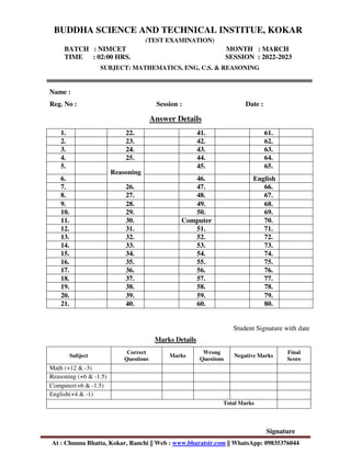 At : Chunna Bhatta, Kokar, Ranchi || Web : www.bharatsir.com || WhatsApp: 09835376044
Name :
Reg. No : Session : Date :
Answer Details
1. 22. 41. 61.
2. 23. 42. 62.
3. 24. 43. 63.
4. 25. 44. 64.
5.
Reasoning
45. 65.
6. 46. English
7. 26. 47. 66.
8. 27. 48. 67.
9. 28. 49. 68.
10. 29. 50. 69.
11. 30. Computer 70.
12. 31. 51. 71.
13. 32. 52. 72.
14. 33. 53. 73.
15. 34. 54. 74.
16. 35. 55. 75.
17. 36. 56. 76.
18. 37. 57. 77.
19. 38. 58. 78.
20. 39. 59. 79.
21. 40. 60. 80.
Student Signature with date
Marks Details
Subject
Correct
Questions
Marks
Wrong
Questions
Negative Marks
Final
Score
Math (+12 & -3)
Reasoning (+6 & -1.5)
Computer(+6 & -1.5)
English(+4 & -1)
Total Marks
Signature
BUDDHA SCIENCE AND TECHNICAL INSTITUE, KOKAR
(TEST EXAMINATION)
BATCH : NIMCET MONTH : MARCH
TIME : 02:00 HRS. SESSION : 2022-2023
SUBJECT: MATHEMATICS, ENG, C.S. & REASONING
 