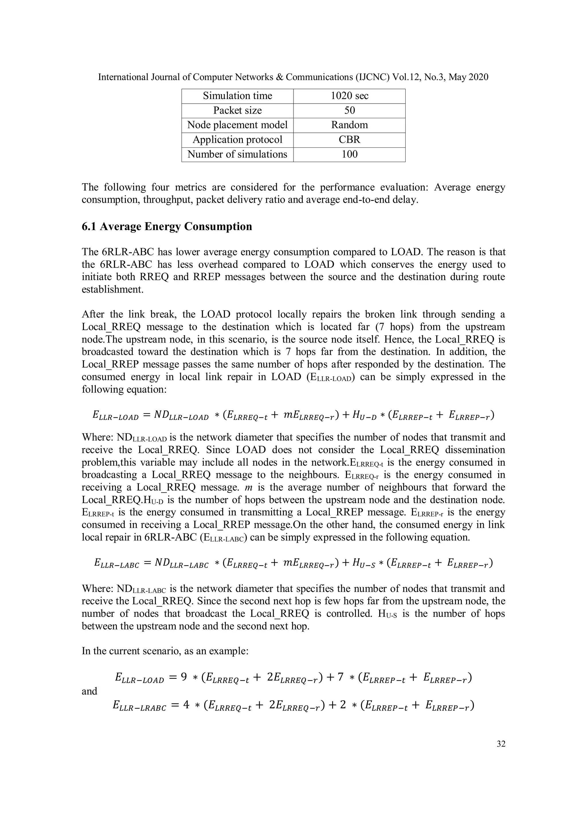 International Journal of Computer Networks & Communications (IJCNC) Vol.12, No.3, May 2020
32
Simulation time 1020 sec
Packet size 50
Node placement model Random
Application protocol CBR
Number of simulations 100
The following four metrics are considered for the performance evaluation: Average energy
consumption, throughput, packet delivery ratio and average end-to-end delay.
6.1 Average Energy Consumption
The 6RLR-ABC has lower average energy consumption compared to LOAD. The reason is that
the 6RLR-ABC has less overhead compared to LOAD which conserves the energy used to
initiate both RREQ and RREP messages between the source and the destination during route
establishment.
After the link break, the LOAD protocol locally repairs the broken link through sending a
Local_RREQ message to the destination which is located far (7 hops) from the upstream
node.The upstream node, in this scenario, is the source node itself. Hence, the Local_RREQ is
broadcasted toward the destination which is 7 hops far from the destination. In addition, the
Local_RREP message passes the same number of hops after responded by the destination. The
consumed energy in local link repair in LOAD (ELLR-LOAD) can be simply expressed in the
following equation:
𝐸 𝐿𝐿𝑅−𝐿𝑂𝐴𝐷 = 𝑁𝐷𝐿𝐿𝑅−𝐿𝑂𝐴𝐷 ∗ (𝐸 𝐿𝑅𝑅𝐸𝑄−𝑡 + 𝑚𝐸𝐿𝑅𝑅𝐸𝑄−𝑟) + 𝐻 𝑈−𝐷 ∗ (𝐸 𝐿𝑅𝑅𝐸𝑃−𝑡 + 𝐸 𝐿𝑅𝑅𝐸𝑃−𝑟)
Where: NDLLR-LOAD is the network diameter that specifies the number of nodes that transmit and
receive the Local_RREQ. Since LOAD does not consider the Local_RREQ dissemination
problem,this variable may include all nodes in the network.ELRREQ-t is the energy consumed in
broadcasting a Local_RREQ message to the neighbours. ELRREQ-r is the energy consumed in
receiving a Local_RREQ message. m is the average number of neighbours that forward the
Local_RREQ.HU-D is the number of hops between the upstream node and the destination node.
ELRREP-t is the energy consumed in transmitting a Local_RREP message. ELRREP-r is the energy
consumed in receiving a Local_RREP message.On the other hand, the consumed energy in link
local repair in 6RLR-ABC (ELLR-LABC) can be simply expressed in the following equation.
𝐸 𝐿𝐿𝑅−𝐿𝐴𝐵𝐶 = 𝑁𝐷𝐿𝐿𝑅−𝐿𝐴𝐵𝐶 ∗ (𝐸 𝐿𝑅𝑅𝐸𝑄−𝑡 + 𝑚𝐸 𝐿𝑅𝑅𝐸𝑄−𝑟) + 𝐻 𝑈−𝑆 ∗ (𝐸 𝐿𝑅𝑅𝐸𝑃−𝑡 + 𝐸 𝐿𝑅𝑅𝐸𝑃−𝑟)
Where: NDLLR-LABC is the network diameter that specifies the number of nodes that transmit and
receive the Local_RREQ. Since the second next hop is few hops far from the upstream node, the
number of nodes that broadcast the Local_RREQ is controlled. HU-S is the number of hops
between the upstream node and the second next hop.
In the current scenario, as an example:
𝐸𝐿𝐿𝑅−𝐿𝑂𝐴𝐷 = 9 ∗ (𝐸𝐿𝑅𝑅𝐸𝑄−𝑡 + 2𝐸𝐿𝑅𝑅𝐸𝑄−𝑟) + 7 ∗ (𝐸𝐿𝑅𝑅𝐸𝑃−𝑡 + 𝐸𝐿𝑅𝑅𝐸𝑃−𝑟)
and
𝐸𝐿𝐿𝑅−𝐿𝑅𝐴𝐵𝐶 = 4 ∗ (𝐸𝐿𝑅𝑅𝐸𝑄−𝑡 + 2𝐸𝐿𝑅𝑅𝐸𝑄−𝑟) + 2 ∗ (𝐸𝐿𝑅𝑅𝐸𝑃−𝑡 + 𝐸𝐿𝑅𝑅𝐸𝑃−𝑟)
 