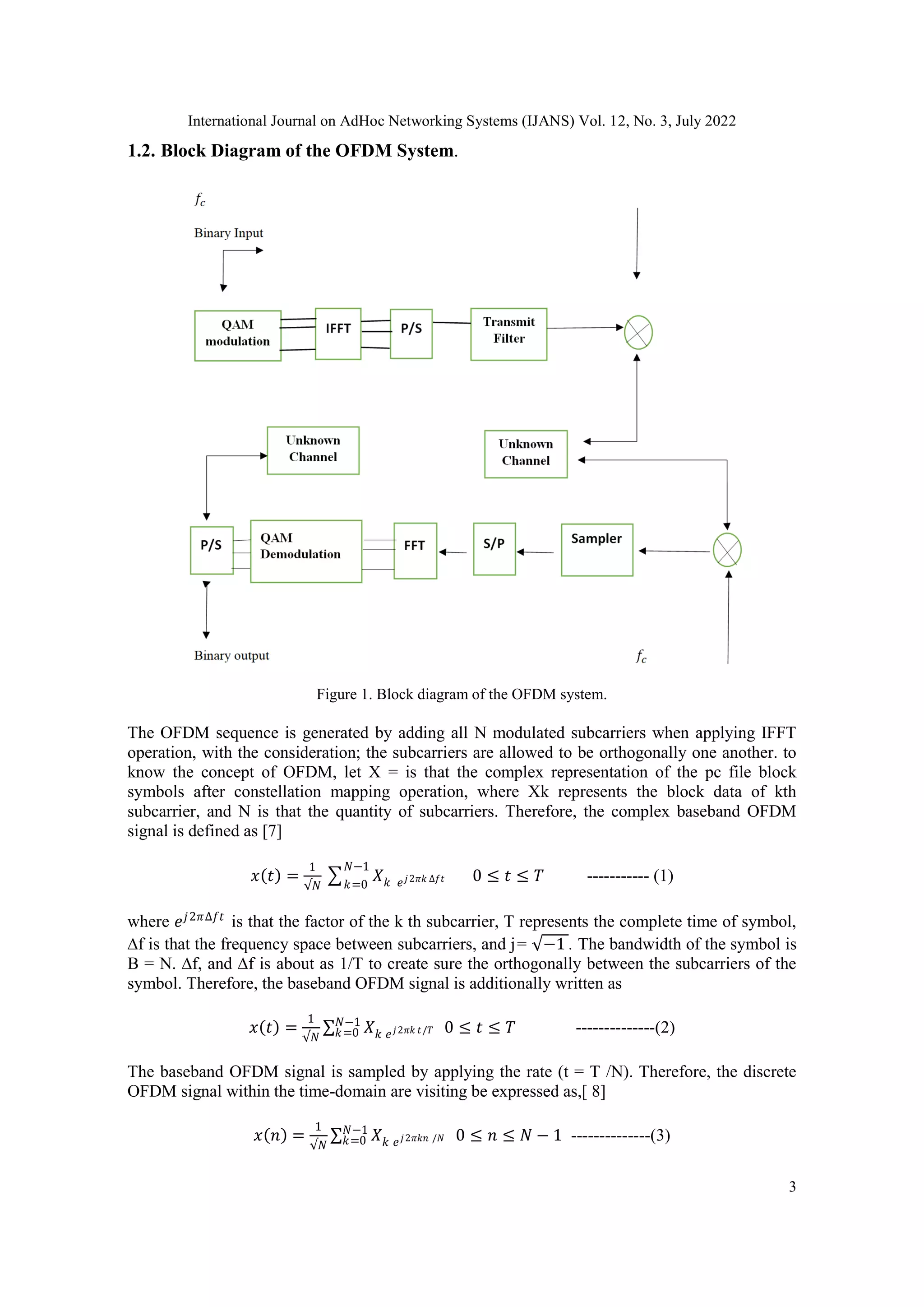International Journal on AdHoc Networking Systems (IJANS) Vol. 12, No. 3, July 2022
3
1.2. Block Diagram of the OFDM System.
Figure 1. Block diagram of the OFDM system.
The OFDM sequence is generated by adding all N modulated subcarriers when applying IFFT
operation, with the consideration; the subcarriers are allowed to be orthogonally one another. to
know the concept of OFDM, let X = is that the complex representation of the pc file block
symbols after constellation mapping operation, where Xk represents the block data of kth
subcarrier, and N is that the quantity of subcarriers. Therefore, the complex baseband OFDM
signal is defined as [7]
𝑥 𝑡 =
1
√𝑁
𝑋𝑘 𝑒𝑗2𝜋𝑘 ∆𝑓𝑡
𝑁−1
𝑘=0
0 ≤ 𝑡 ≤ 𝑇 ----------- (1)
where 𝑒𝑗2𝜋∆𝑓𝑡
is that the factor of the k th subcarrier, T represents the complete time of symbol,
∆f is that the frequency space between subcarriers, and j= √−1 . The bandwidth of the symbol is
B = N. ∆f, and ∆f is about as 1/T to create sure the orthogonally between the subcarriers of the
symbol. Therefore, the baseband OFDM signal is additionally written as
𝑥 𝑡 =
1
√𝑁
𝑋𝑘 𝑒𝑗2𝜋𝑘 𝑡/𝑇 0 ≤ 𝑡 ≤ 𝑇
𝑁−1
𝑘=0 --------------(2)
The baseband OFDM signal is sampled by applying the rate (t = T /N). Therefore, the discrete
OFDM signal within the time-domain are visiting be expressed as,[ 8]
𝑥 𝑛 =
1
√𝑁
𝑋𝑘 𝑒𝑗2𝜋𝑘𝑛 /𝑁 0 ≤ 𝑛 ≤ 𝑁 − 1
𝑁−1
𝑘=0 --------------(3)
 