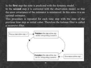 In the first step the state is predicted with the dynamic model.
In the second step it is corrected with the observation model, so that
the error covariance of the estimator is minimized. In this sense it is an
optimal estimator.
This procedure is repeated for each time step with the state of the
previous time step as initial value. Therefore the kalman filter is called
a recursive filter.
10
 