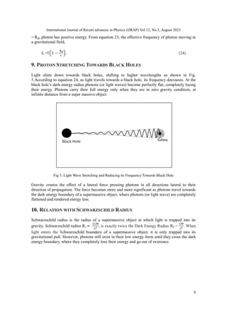 International Journal of Recent advances in Physics (IJRAP) Vol.12, No.3, August 2023
9
> Rd, photon has positive energy. From equation 23, the effective frequency of photon moving in
a gravitational field,
fe =f (1 −
Rd
𝑟
). (24)
9. PROTON STRETCHING TOWARDS BLACK HOLES
Light slims down towards black holes, shifting to higher wavelengths as shown in Fig.
5.According to equation 24, as light travels towards a black hole, its frequency decreases. At the
black hole’s dark energy radius photons (or light waves) become perfectly flat, completely losing
their energy. Photons carry their full energy only when they are in zero gravity condition, at
infinite distance from a super massive object.
Fig 5. Light Wave Stretching and Reducing its Frequency Towards Black Hole
Gravity creates the effect of a lateral force pressing photons in all directions lateral to their
direction of propagation. The force becomes more and more significant as photons travel towards
the dark energy boundary of a supermassive object, where photons (or light wave) are completely
flattened and rendered energy less.
10. RELATION WITH SCHWARZSCHILD RADIUS
Schwarzschild radius is the radius of a supermassive object at which light is trapped into its
gravity. Schwarzschild radius Rs =
2𝐺𝑀
c2 , is exactly twice the Dark Energy Radius Rd =
𝐺𝑀
c2 . When
light enters the Schwarzschild boundary of a supermassive object, it is only trapped into its
gravitational pull. However, photons still exist in their low energy form until they cross the dark
energy boundary, where they completely lose their energy and go out of existence.
 