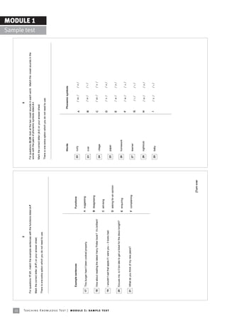 10
                                                                                                                                 5                                                                                                      6

                                                                            For questions 17-21, match the example sentences with the functions listed A-F.                       For questions 22-29, look at the two vowel sounds in each word. Match the vowel sounds in the
                                                                                                                                                                                  words with the pairs of phonemic symbols listed A-I.
                                                                                                                                                                                                                                                                                  Sample test
                                                                                                                                                                                                                                                                                                MODULE 1

                                                                            Mark the correct letter (A-F) on your answer sheet.
                                                                                                                                                                                  Mark the correct letter (A-I) on your answer sheet.
                                                                            There is one extra option which you do not need to use.
                                                                                                                                                                                  There is one extra option which you do not need to use.




                                                                                                                                                                                         Words                                   Phonemic symbols


                                                                                  Example sentences                                                     Functions                  22    curly                                          / W¬ /       /W/
                                                                                                                                                                                                                             A

                                                                             17   This burger hasnít been cooked properly.                           A suggesting
                                                                                                                                                                                   23    over                                B              / eö /   /ö/

                                                                                                                                                     B disagreeing
                                                                             18   How about reading the latest Harry Potter book? Itís brilliant!                                                                            C          / W¬ /       / ±É /
                                                                                                                                                                                   24    village
                                                                                                                                                     C advising
                                                                                                                                                                                                                             D              / ±É /   /W/




Te ac h i n g K n o w l e d g e Te s t | mo d u l e 1 : sa m p l e te s t
                                                                             19   I wouldnít eat that apple if I were you ñ it looks bad.
                                                                                                                                                                                   25    paper
                                                                                                                                                     D asking for an opinion
                                                                                                                                                                                                                             E              / aö /   /W/
                                                                             20   Excuse me, is it too late to get a ticket for the disco tonight?
                                                                                                                                                     E enquiring                   26    homework
                                                                                                                                                                                                                             F              / aö /   /Ã/
                                                                             21   What do you think of my new jeans?                                 F complaining                 27    learner
                                                                                                                                                                                                                             G              /ö/      /ö/


                                                                                                                                                                                   28    nightclub                           H              / eö /   /W/


                                                                                                                                                                                                                             I              / ±É /   /ö/
                                                                                                                                                                                   29    baby




                                                                                                                                                                     [Turn over
 
