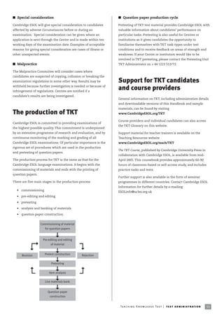 I Special consideration                                            I Question paper production cycle

Cambridge ESOL will give special consideration to candidates       Pretesting of TKT test material provides Cambridge ESOL with
affected by adverse circumstances before or during an              valuable information about candidates’ performance on
examination. Special consideration can be given where an           particular tasks. Pretesting is also useful for Centres or
application is sent through the Centre and is made within ten      institutions as it gives candidates the opportunity to
working days of the examination date. Examples of acceptable       familiarise themselves with TKT task-types under test
reasons for giving special consideration are cases of illness or   conditions and to receive feedback on areas of strength and
other unexpected events.                                           weakness. If your Centre or institution would like to be
                                                                   involved in TKT pretesting, please contact the Pretesting Unit
I Malpractice                                                      TKT Administrator on + 44 1223 553772.

The Malpractice Committee will consider cases where
candidates are suspected of copying, collusion or breaking the
examination regulations in some other way. Results may be          Support for TKT candidates
withheld because further investigation is needed or because of
infringement of regulations. Centres are notified if a
                                                                   and course providers
candidate’s results are being investigated.
                                                                   General information on TKT, including administration details
                                                                   and downloadable versions of this Handbook and sample
                                                                   materials, can be found by visiting
The production of TKT                                              www.CambridgeESOL.org/TKT

                                                                   Course providers and individual candidates can also access
Cambridge ESOL is committed to providing examinations of
                                                                   the TKT Glossary on this website.
the highest possible quality. This commitment is underpinned
by an extensive programme of research and evaluation, and by       Support material for teacher trainers is available on the
continuous monitoring of the marking and grading of all            Teaching Resources website
Cambridge ESOL examinations. Of particular importance is the       www.CambridgeESOL.org/teach/TKT
rigorous set of procedures which are used in the production
                                                                   The TKT Course, published by Cambridge University Press in
and pretesting of question papers.
                                                                   collaboration with Cambridge ESOL, is available from mid-
The production process for TKT is the same as that for the         April 2005. This coursebook provides approximately 60–90
Cambridge ESOL language examinations. It begins with the           hours of classroom-based or self-access study, and includes
commissioning of materials and ends with the printing of           practice tasks and tests.
question papers.
                                                                   Further support is also available in the form of seminar
There are five main stages in the production process               programmes in different countries. Contact Cambridge ESOL
                                                                   Information for further details by e-mailing:
   • commissioning
                                                                   ESOLinfo@ucles.org.uk
   • pre-editing and editing

   • pretesting

   • analysis and banking of materials

   • question paper construction


                   Commissioning of material
                      for question papers


                     Pre-editing and editing
                           of material


      Revision        Pretest construction      Rejection

                           Pretesting


                         Item analysis

                      Live materials bank


                        Question paper
                         construction


                                                                    Te ac h i n g K n o w l e d g e Te s t | te s t a dm i n is tr at i o n   35
 