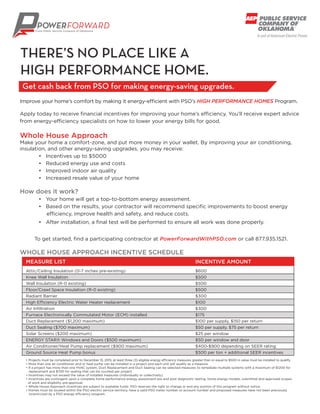 Improve your home’s comfort by making it energy-efficient with PSO’s HIGH PERFORMANCE HOMES Program.
Apply today to receive financial incentives for improving your home’s efficiency. You’ll receive expert advice
from energy-efficiency specialists on how to lower your energy bills for good.
Whole House Approach
Make your home a comfort-zone, and put more money in your wallet. By improving your air conditioning,
insulation, and other energy-saving upgrades, you may receive:
	 • Incentives up to $5000
	 • Reduced energy use and costs
	 • Improved indoor air quality
	 • Increased resale value of your home
How does it work?
	 • Your home will get a top-to-bottom energy assessment.
	 • Based on the results, your contractor will recommend specific improvements to boost energy
	 efficiency, improve health and safety, and reduce costs.
	 • After installation, a final test will be performed to ensure all work was done properly.
To get started, find a participating contractor at PowerForwardWithPSO.com or call 877.935.1521.
WHOLE HOUSE APPROACH INCENTIVE SCHEDULE
Get cash back from PSO for making energy-saving upgrades.
THERE’S NO PLACE LIKE A
HIGH PERFORMANCE HOME.
MEASURE LIST							INCENTIVE AMOUNT
Attic/Ceiling Insulation (0-7 inches pre-existing)				 $600
Knee Wall Insulation							$500
Wall Insulation (R-0 existing)						$500
Floor/Crawl Space Insulation (R-0 existing)					 $500
Radiant Barrier								$300
High Efficiency Electric Water Heater replacement				 $100
Air Infiltration								$300
Furnace Electronically Commutated Motor (ECM) installed			 $175
Duct Replacement ($1,200 maximum)					 $100 per supply, $150 per return
Duct Sealing ($700 maximum)						 $50 per supply, $75 per return
Solar Screens ($200 maximum)						 $25 per window
ENERGY STAR® Windows and Doors ($500 maximum)			 $50 per window and door
Air Conditioner/Heat Pump replacement ($900 maximum)			 $400-$900 depending on SEER rating
Ground Source Heat Pump bonus						 $500 per ton + additional SEER incentives
• Projects must be completed prior to December 15, 2015; at least three (3) eligible energy efficiency measures greater than or equal to $500 in value must be installed to qualify.
• More than one air conditioner and or heat pump can be installed in a project and each unit will qualify as a measure.
• If a project has more than one HVAC system, Duct Replacement and Duct Sealing can be selected measures to remediate multiple systems with a maximum of $1200 for
replacement and $700 for sealing that can be counted per project.
• Incentives may not exceed the value of installed measures (individually or collectively).
• Incentives are contingent upon a complete home performance energy assessment pre and post diagnostic testing, home energy models, submitted and approved scopes
of work and eligibility pre-approval.
• Whole House Approach incentives are subject to available funds. PSO reserves the right to change or end any portion of this program without notice.
• Homes must be located within the PSO electric service territory, have a valid PSO meter number or account number and proposed measures have not been previously
incentivized by a PSO energy efficiency program.
 