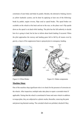 21
constitutes of auto brake and brake by pedals. Besides, the alternative braking, known
as yellow hydraulic system, can be done by applying at least one of the following:
break by pedals, engine reverse, flaps used as speed breaks. The speed brakes are
available on the wheels at the back and not at the rear, so the plane won’t flip upside
down as the speed is set dead while landing. The pilot has the full authority to decide
how he is going to land, but he has to inform about harsh landing if occurred. When
the pilot approaches the runway and landing gears fail to fall by all means even by
gravity, a layer of fire suppression foam is sprayed prior to emergency landing.
Figure 4.1-Wheel Brake Figure 4.2- Brake components
Machine Shop:
One of the machine shop significant roles is to check for the presence of corrosion on
the wheels. After inspection, multiple tasks take place to repair a corroded wheel if
applicable. Noting that the wheel is constituted of inner and outer wheels in addition
to torque plate, they are subjected to a plastic media; thereafter, removing the paint
and preserving thermal coating. The corroded wheels are polished, checked if they
 