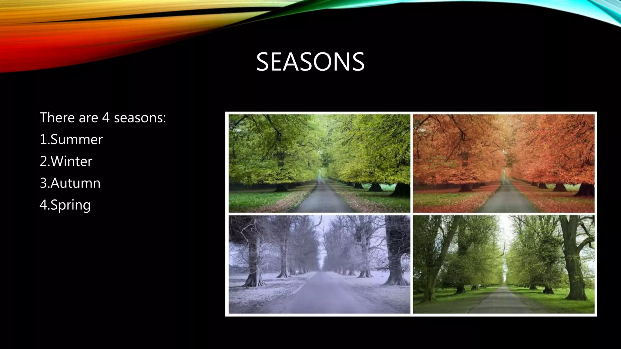 SEASONS
There are 4 seasons:
1.Summer
2.Winter
3.Autumn
4.Spring
 