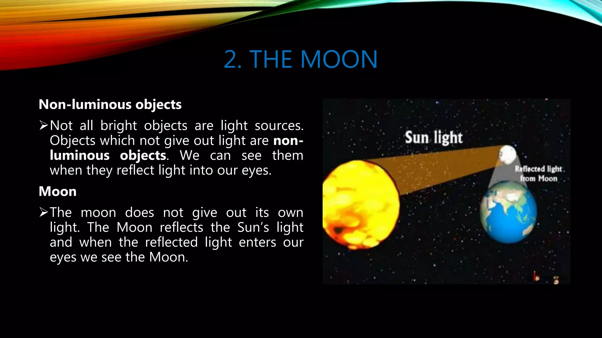 2. THE MOON
Non-luminous objects
Not all bright objects are light sources.
Objects which not give out light are non-
luminous objects. We can see them
when they reflect light into our eyes.
Moon
The moon does not give out its own
light. The Moon reflects the Sun’s light
and when the reflected light enters our
eyes we see the Moon.
 