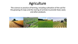 Agriculture
The science or practice of farming, including cultivation of the soil for
the growing of crops and the rearing of animals to provide food, wool,
and other products.
 