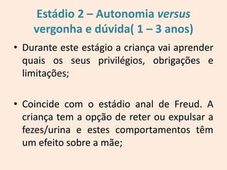 Estádio 2 – Autonomia versus
vergonha e dúvida( 1 – 3 anos)
• Durante este estágio a criança vai aprender
quais os seus privilégios, obrigações e
limitações;
• Coincide com o estádio anal de Freud. A
criança tem a opção de reter ou expulsar a
fezes/urina e estes comportamentos têm
um efeito sobre a mãe;
 