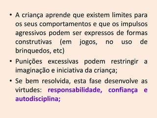 • A criança aprende que existem limites para
os seus comportamentos e que os impulsos
agressivos podem ser expressos de formas
construtivas (em jogos, no uso de
brinquedos, etc)
• Punições excessivas podem restringir a
imaginação e iniciativa da criança;
• Se bem resolvida, esta fase desenvolve as
virtudes: responsabilidade, confiança e
autodisciplina;
 