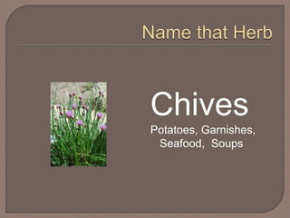 Chives
Potatoes, Garnishes,
Seafood, Soups
 