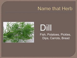 Dill
Fish, Potatoes, Pickles,
Dips, Carrots, Bread
 