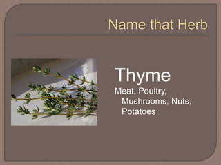Thyme
Meat, Poultry,
Mushrooms, Nuts,
Potatoes
 