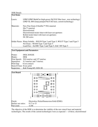 DOE Details
Test Items
Lasers: LPKF LPKF MultiCut (high-power Nd:YLF fiber laser , new technology)
LPKF SL 600 (lamp-pumped Nd:YAG laser, current technology)
Materials: New Fine Grain (UltraSlic™ FG) material
Slic™ material
Electroformed
Electroformed nickel sheet with laser-cut apertures
Rolled nickel sheet with laser-cut apertures
SS 300 series
Solder Pastes: Water Soluble – WS150 Type 3 and Type 5, WS157 Type 3 and Type 5
No-Clean – NC650 Type 3 and Type 5
Lead-Free – Sn100C Type 3 and Type 5, SAC 305 Type 5
Test Equipment and Parameters
Printer: DEK 265GSX
Blades: DEK
Print Speeds: 50.8 mm/sec and 127 mm/sec
Separation: 0.3 mm/sec and 7 mm/sec
Print Gap: 0 (on contact)
Stencil Clean: Every print
Inspection: Koh Young KY-3030 3D
Test Board
Finish: Electroless Nickel/Immersion Gold (ENIG)
Surface are ratios: 0.17 to 15
Pad count: 4,188
The objective of the DOE is to determine the viability of the new stencil laser and material
technologies. The results of the current technologies were as expected — of those, electroformed
 