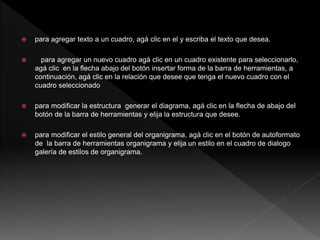 para agregar texto a un cuadro, agá clic en el y escriba el texto que desea.
 para agregar un nuevo cuadro agá clic en un cuadro existente para seleccionarlo,
agá clic en la flecha abajo del botón insertar forma de la barra de herramientas, a
continuación, agá clic en la relación que desee que tenga el nuevo cuadro con el
cuadro seleccionado
 para modificar la estructura generar el diagrama, agá clic en la flecha de abajo del
botón de la barra de herramientas y elija la estructura que desee.
 para modificar el estilo general del organigrama, agá clic en el botón de autoformato
de la barra de herramientas organigrama y elija un estilo en el cuadro de dialogo
galería de estilos de organigrama.
 