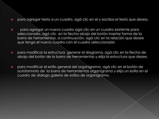 para agregar texto a un cuadro, agá clic en el y escriba el texto que desea.   para agregar un nuevo cuadro agá clic en un cuadro existente para seleccionarlo, agá clic  en la flecha abajo del botón insertar forma de la barra de herramientas, a continuación, agá clic en la relación que desee que tenga el nuevo cuadro con el cuadro seleccionado para modificar la estructura  generar el diagrama, agá clic en la flecha de abajo del botón de la barra de herramientas y elija la estructura que desee.para modificar el estilo general del organigrama, agá clic en el botón de autoformato de  la barra de herramientas organigrama y elija un estilo en el cuadro de dialogo galería de estilos de organigrama.