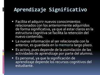 Aprendizaje Significativo

 Facilita el adquirir nuevos conocimientos
  relacionados con los anteriormente adquiridos
  de forma significativa, ya que al estar claros en la
  estructura cognitiva se facilita la retención del
  nuevo contenido.
 La nueva información al ser relacionada con la
  anterior, es guardada en la memoria largo plazo.
 Es activo, pues depende de la asimilación de las
  actividades de aprendizaje por parte del alumno.
 Es personal, ya que la significación de
  aprendizaje depende los recursos cognitivos del
  estudiante.
 